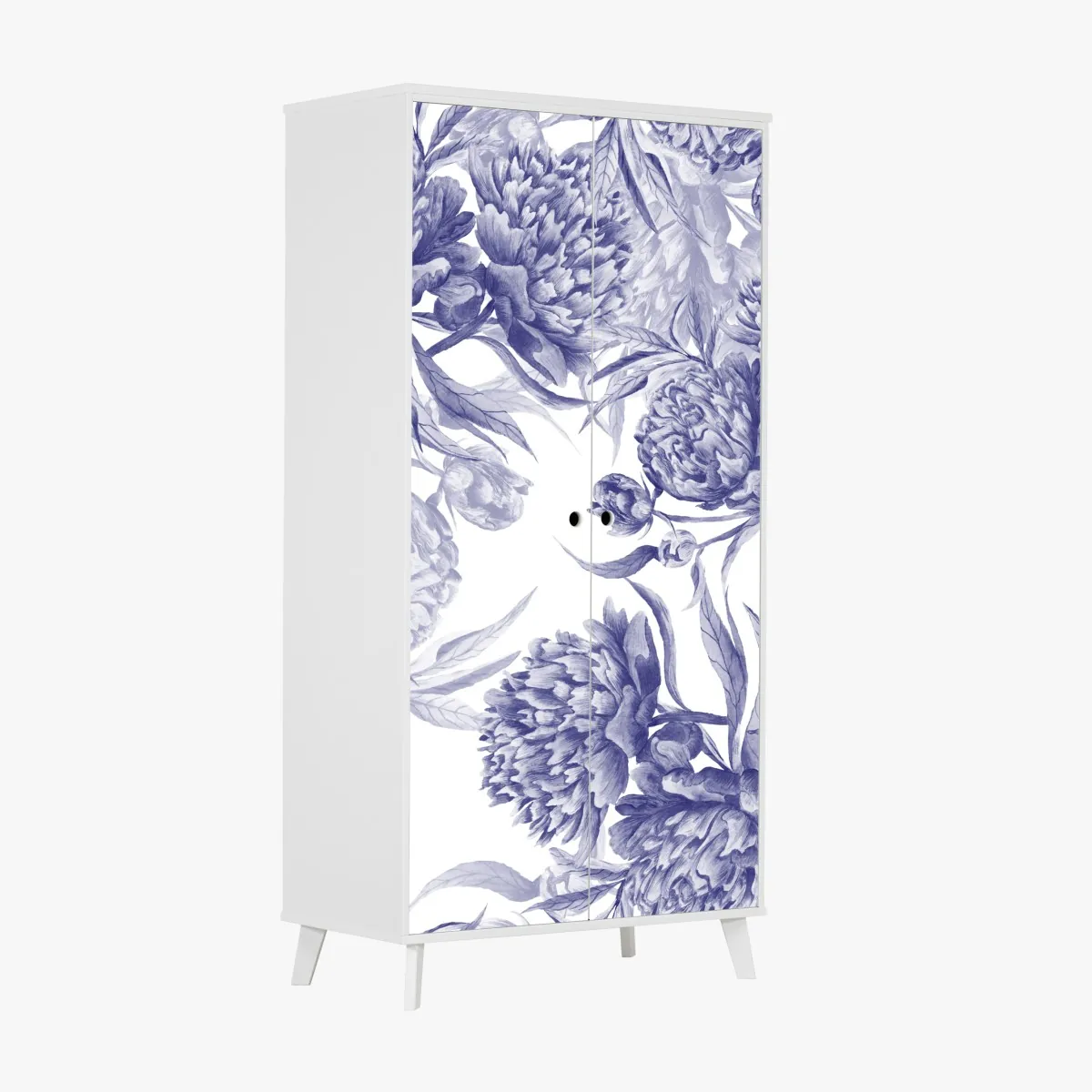Naklejka na szafę niebieskie peonie w stylu botanicznym – Wallissimo® Naklejka na szafę niebieskie peonie w stylu botanicznym – Wallissimo®