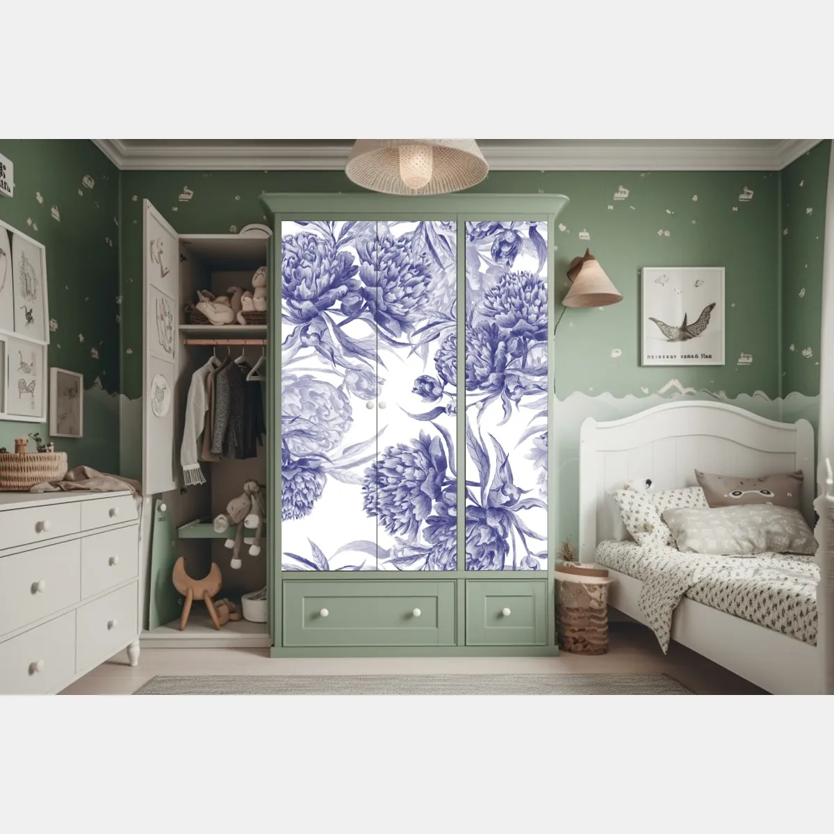 Naklejka na szafę niebieskie peonie w stylu botanicznym – Wallissimo® Naklejka na szafę niebieskie peonie w stylu botanicznym – Wallissimo®