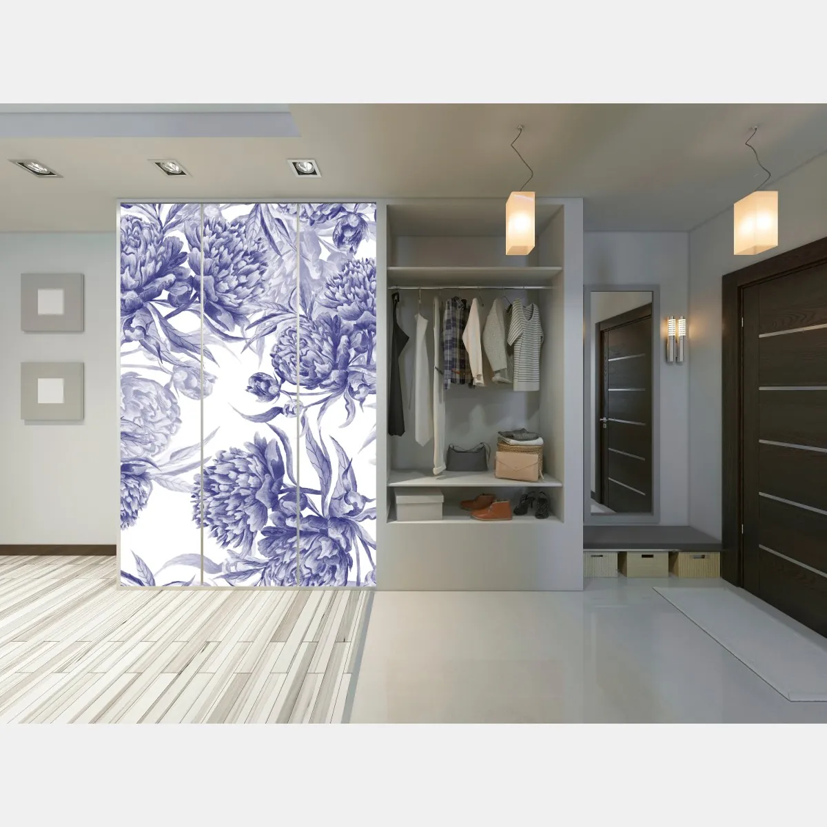 Naklejka na szafę niebieskie peonie w stylu botanicznym – Wallissimo® Naklejka na szafę niebieskie peonie w stylu botanicznym – Wallissimo®