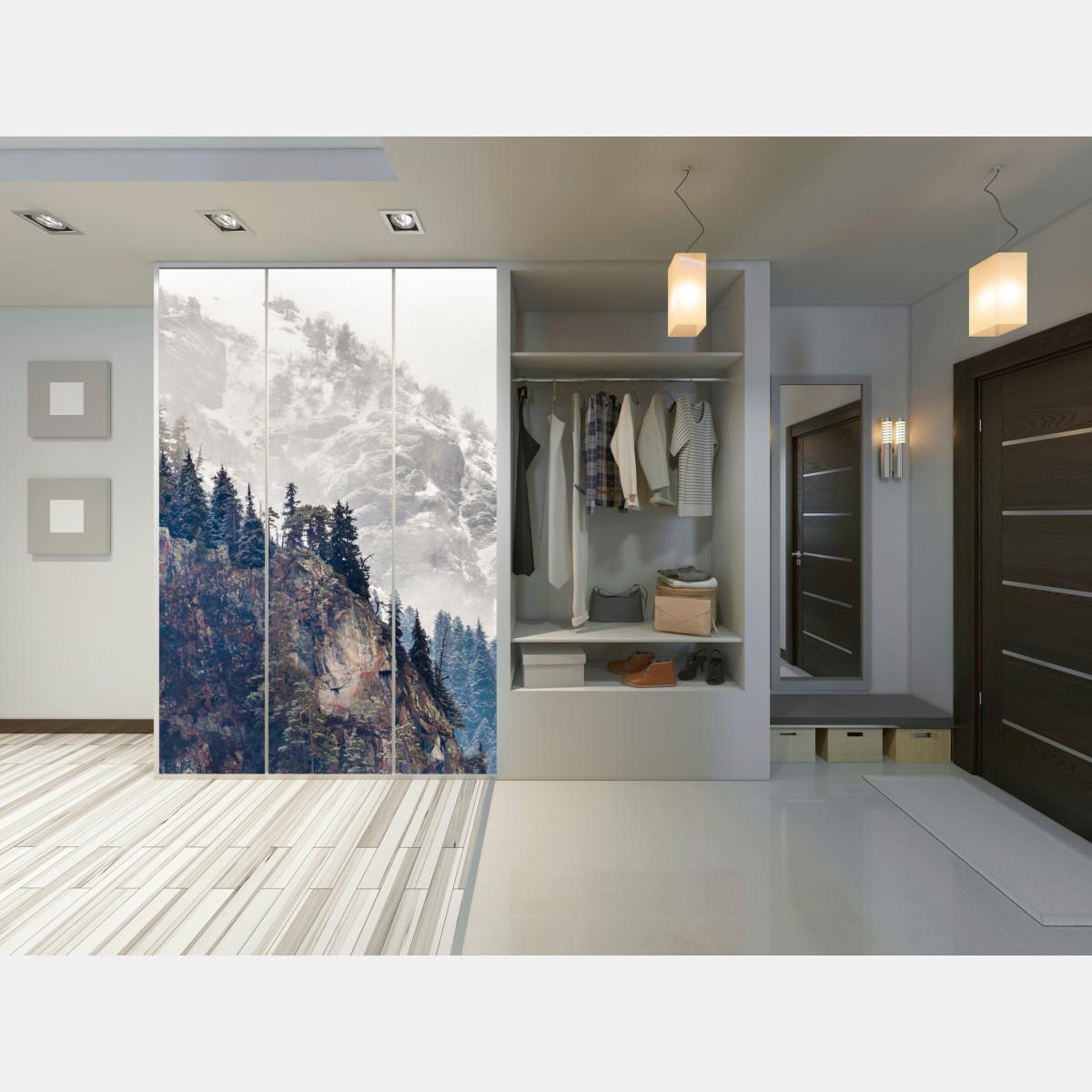 Naklejka na szafę mglista góra z urwiskiem i sosnowym lasem – Wallissimo® Naklejka na szafę mglista góra z urwiskiem i sosnowym lasem – Wallissimo®