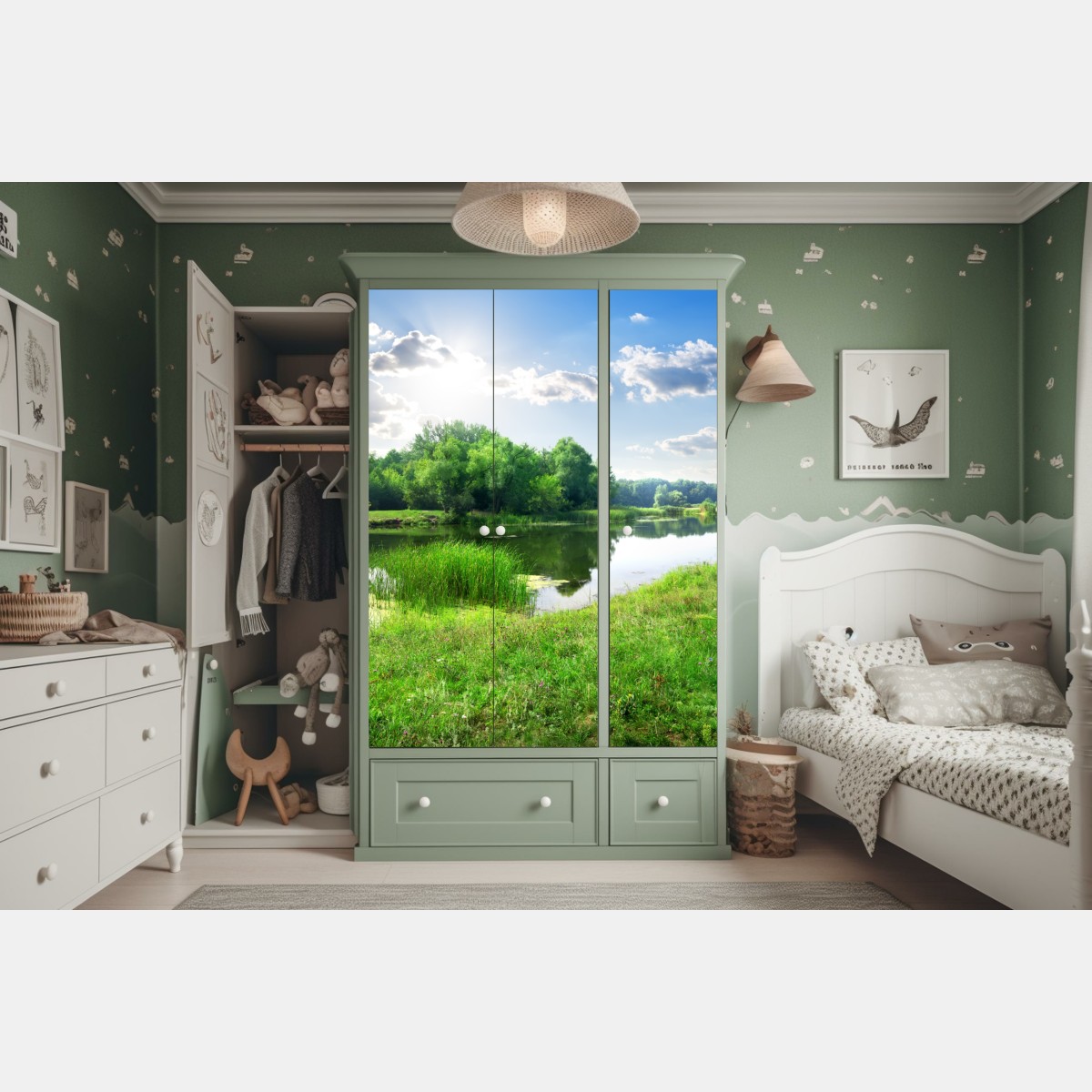 Naklejka na szafę słoneczna łąka nad rzeką – Wallissimo® Naklejka na szafę słoneczna łąka nad rzeką – Wallissimo®