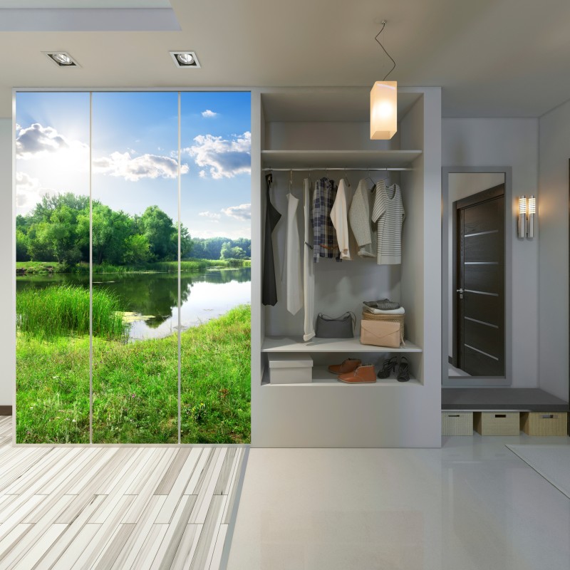 Naklejka na szafę słoneczna łąka nad rzeką – Wallissimo® Naklejka na szafę słoneczna łąka nad rzeką – Wallissimo®