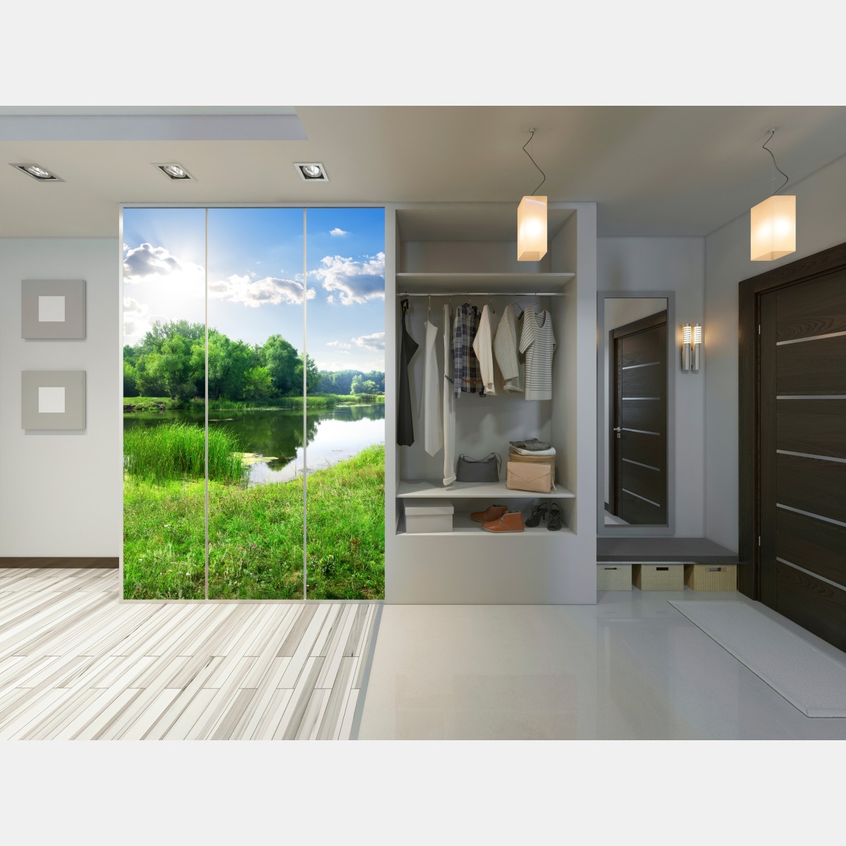 Naklejka na szafę słoneczna łąka nad rzeką – Wallissimo® Naklejka na szafę słoneczna łąka nad rzeką – Wallissimo®