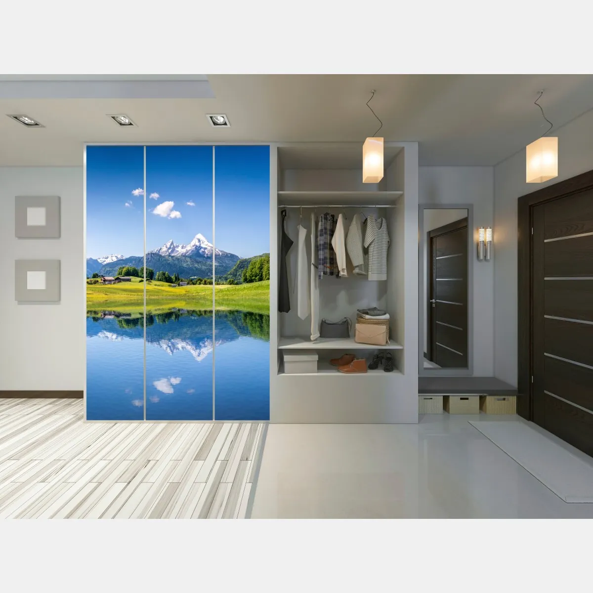 Naklejka na szafę alpejskie szczyty odbite w spokojnym jeziorze – Wallissimo® Naklejka na szafę alpejskie szczyty odbite w spokojnym jeziorze – Wallissimo®