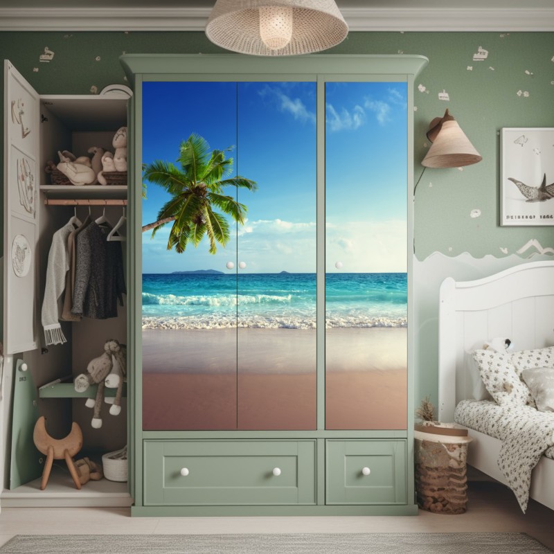 Naklejka na szafę tropikalna plaża na Karaibach o zachodzie słońca – Wallissimo® Naklejka na szafę tropikalna plaża na Karaibach o zachodzie słońca – Wallissimo®