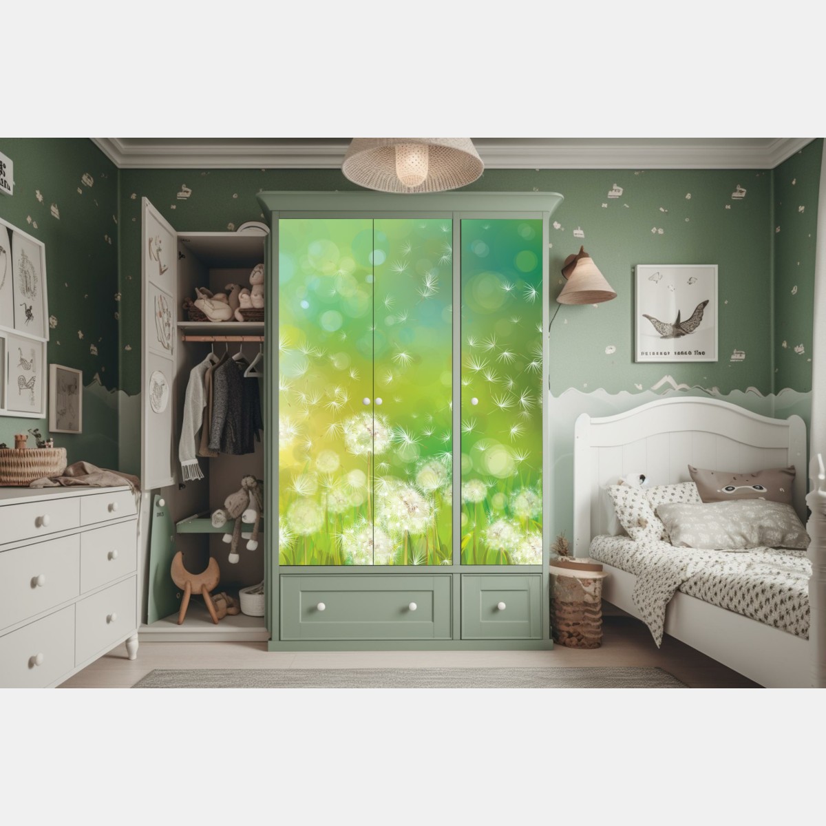 Naklejka na szafę wiosenna łąka dmuchawców – Wallissimo® Naklejka na szafę wiosenna łąka dmuchawców – Wallissimo®