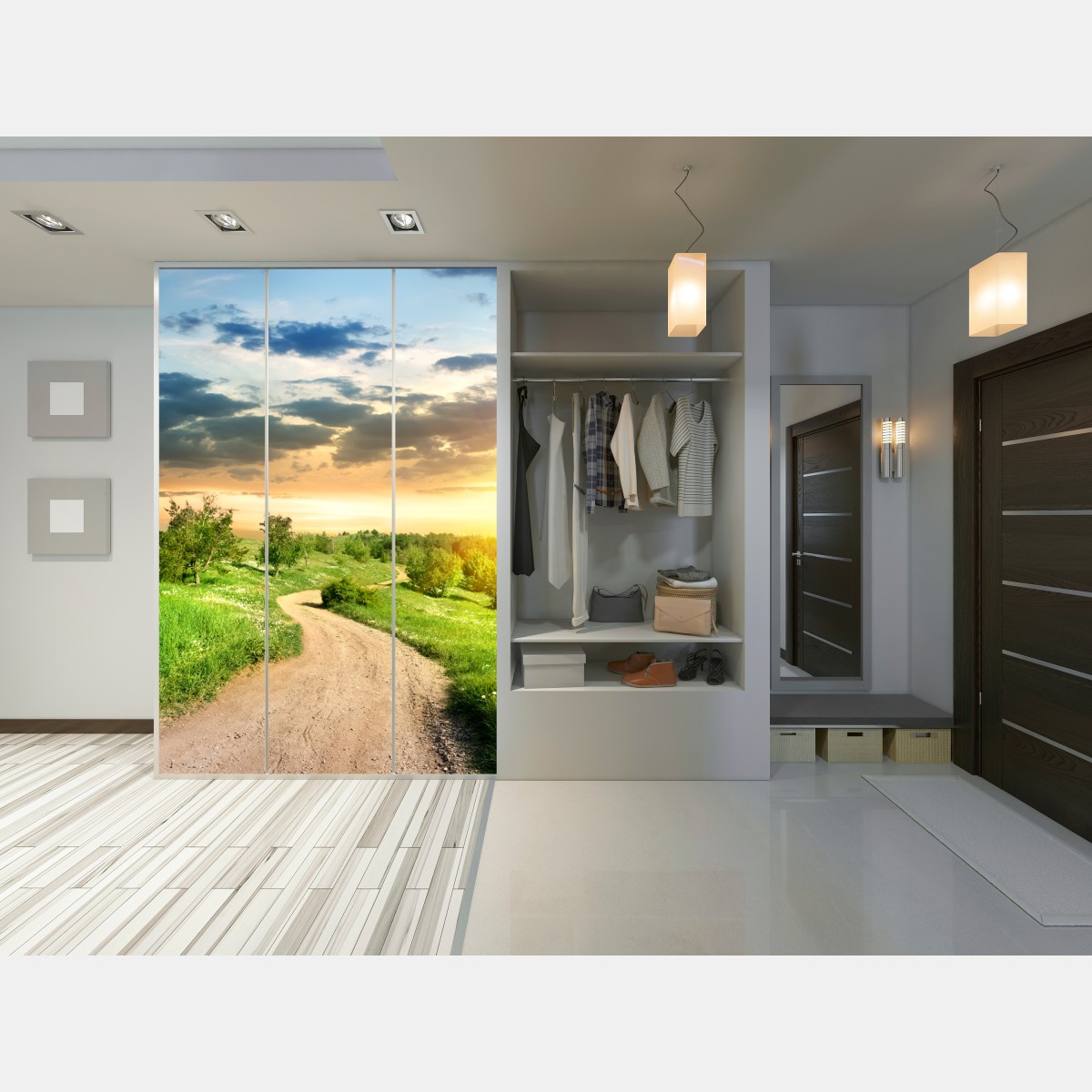 Naklejka na szafę zachód słońca nad polną drogą w zielonej łące – Wallissimo® Naklejka na szafę zachód słońca nad polną drogą w zielonej łące – Wallissimo®