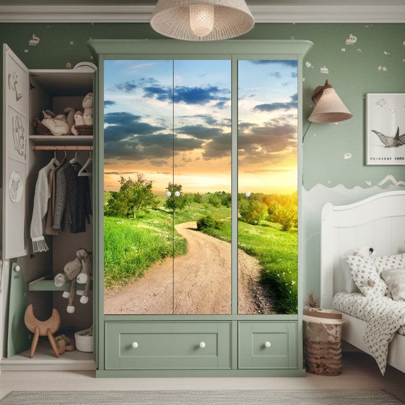 Naklejka na szafę zachód słońca nad polną drogą w zielonej łące – Wallissimo® Naklejka na szafę zachód słońca nad polną drogą w zielonej łące – Wallissimo®