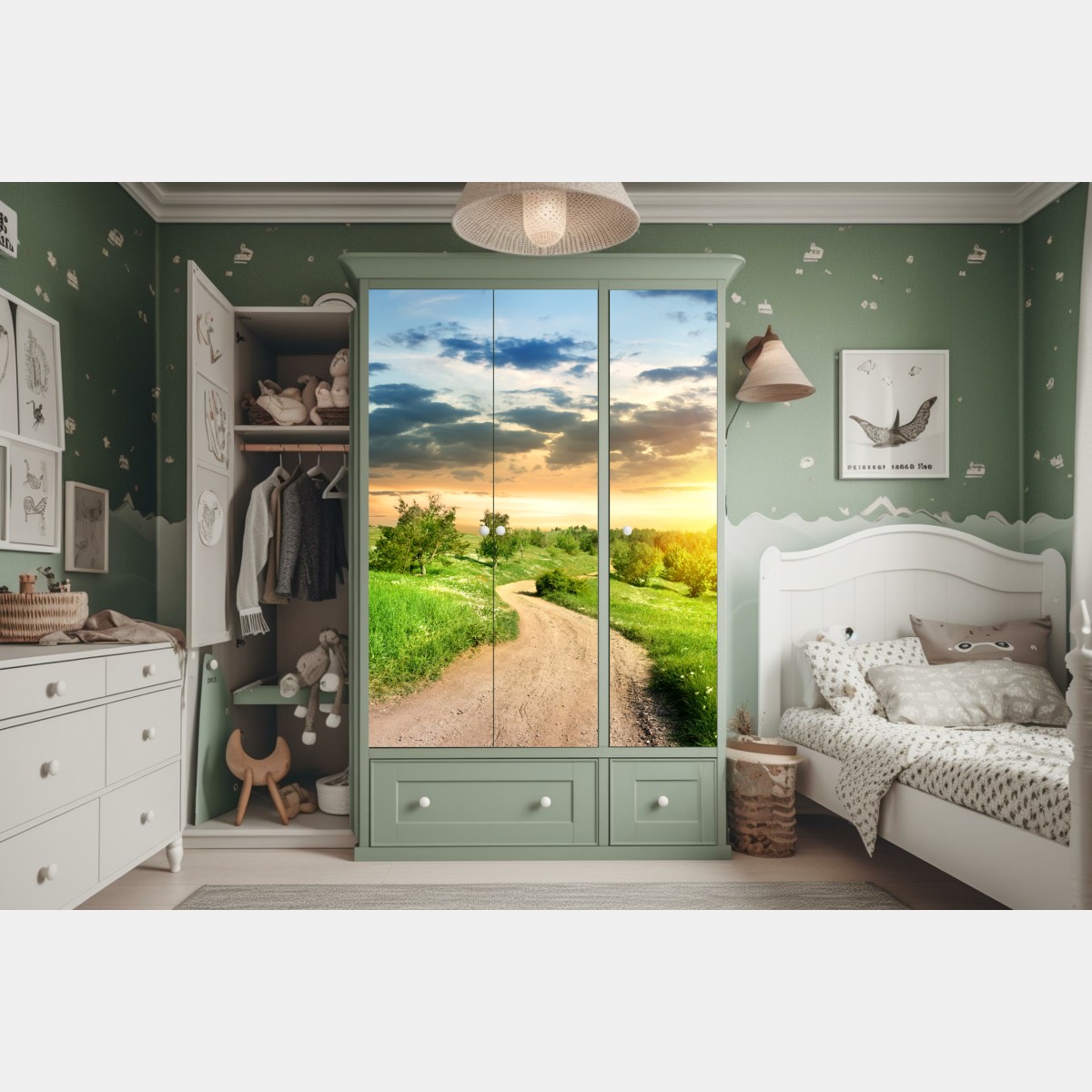 Naklejka na szafę zachód słońca nad polną drogą w zielonej łące – Wallissimo® Naklejka na szafę zachód słońca nad polną drogą w zielonej łące – Wallissimo®