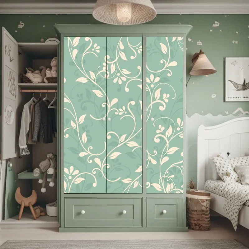 Naklejka na szafę miętowy kwiatowy wzór w stylu vintage – Wallissimo® Naklejka na szafę miętowy kwiatowy wzór w stylu vintage – Wallissimo®