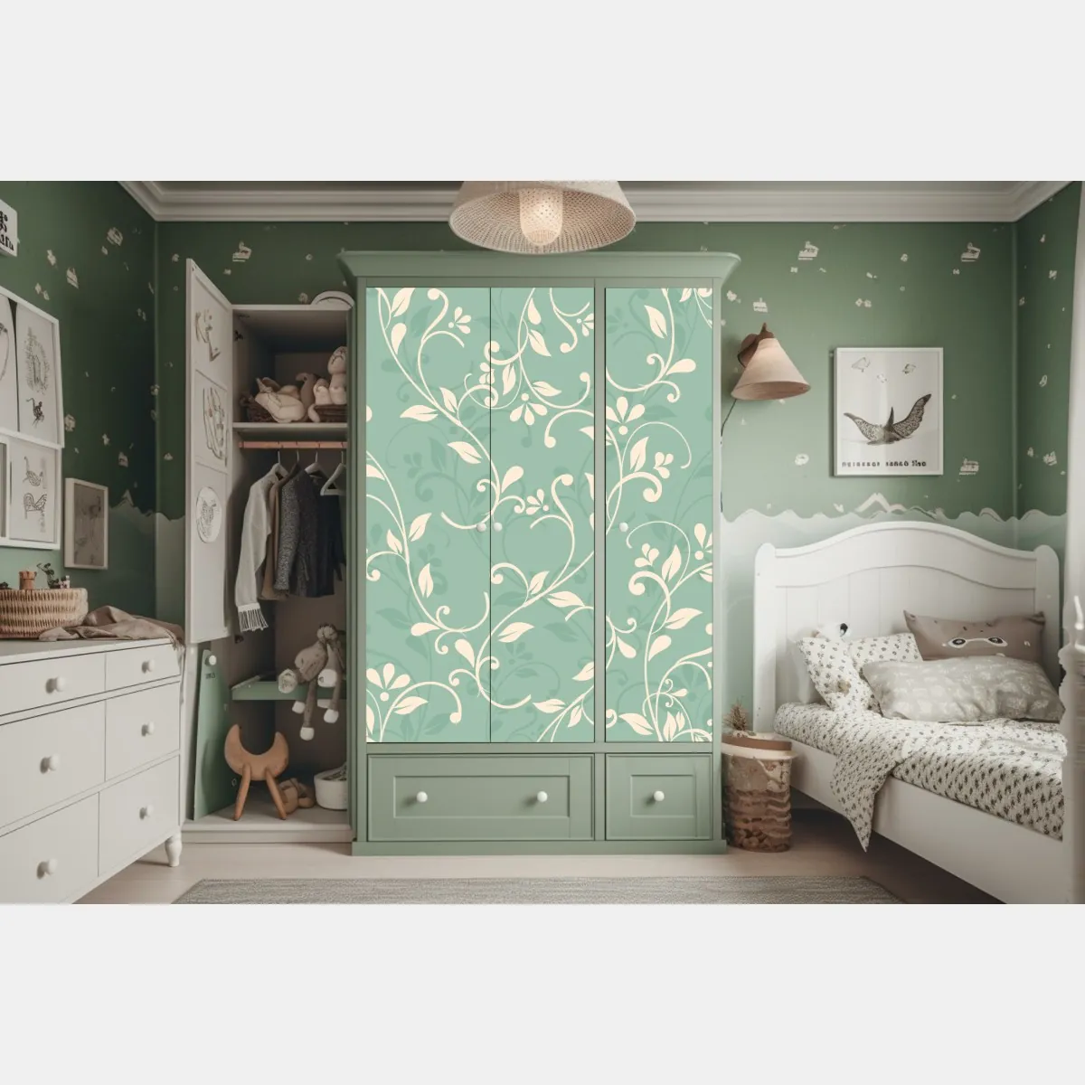 Naklejka na szafę miętowy kwiatowy wzór w stylu vintage – Wallissimo® Naklejka na szafę miętowy kwiatowy wzór w stylu vintage – Wallissimo®