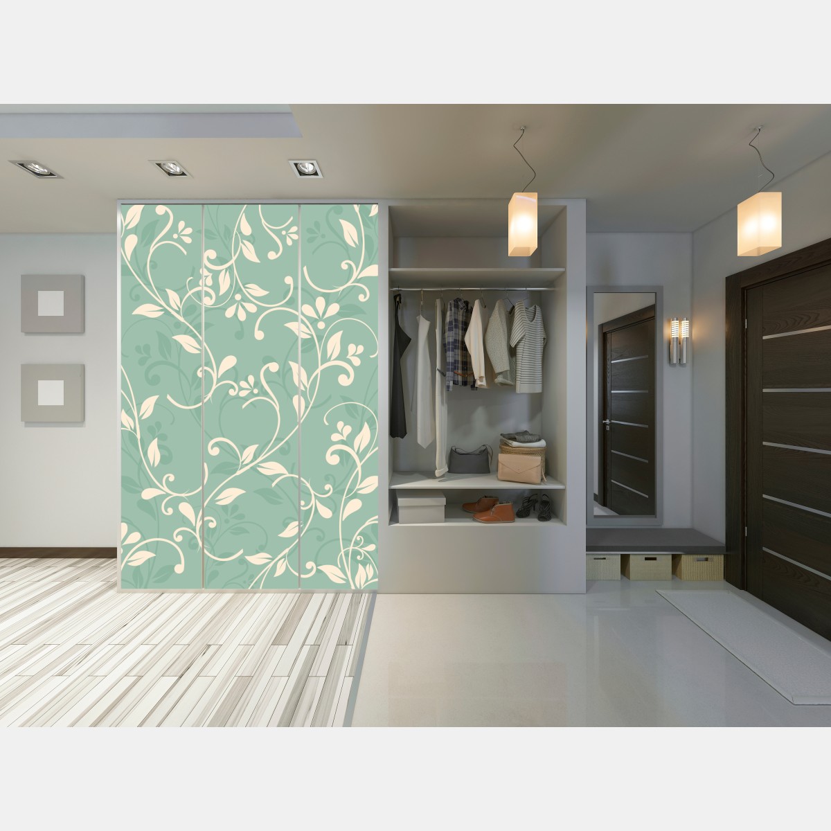 Naklejka na szafę miętowy kwiatowy wzór w stylu vintage – Wallissimo® Naklejka na szafę miętowy kwiatowy wzór w stylu vintage – Wallissimo®