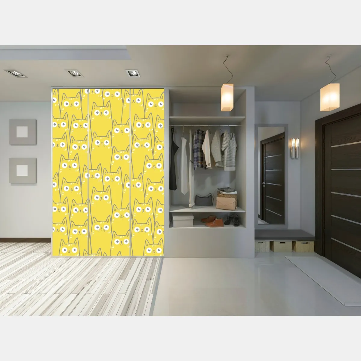 Naklejka na szafę wesoły żółty wzór z kotami – Wallissimo® Naklejka na szafę wesoły żółty wzór z kotami – Wallissimo®