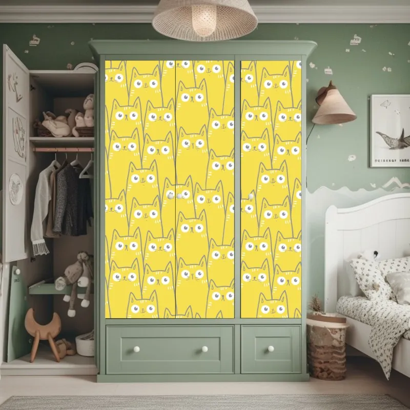 Naklejka na szafę wesoły żółty wzór z kotami – Wallissimo® Naklejka na szafę wesoły żółty wzór z kotami – Wallissimo®