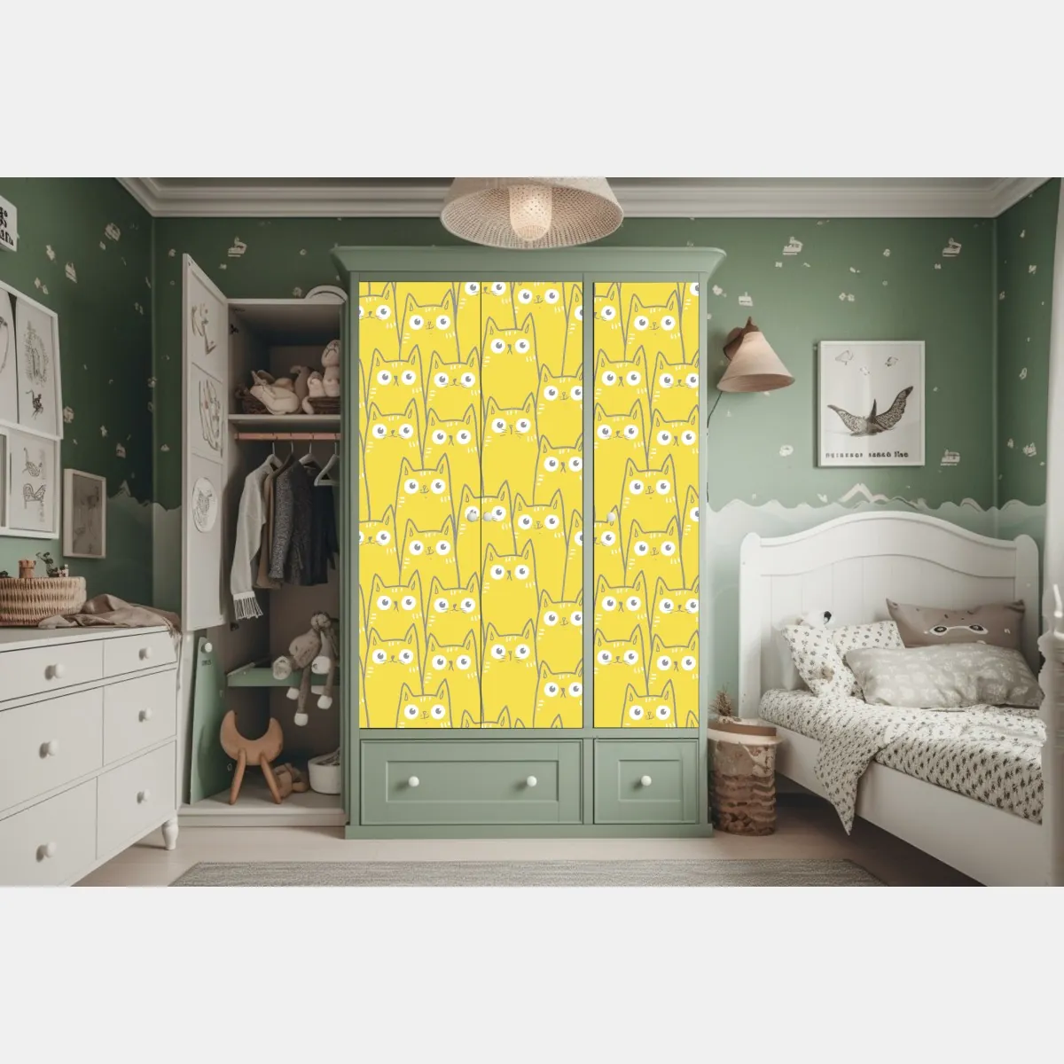 Naklejka na szafę wesoły żółty wzór z kotami – Wallissimo® Naklejka na szafę wesoły żółty wzór z kotami – Wallissimo®