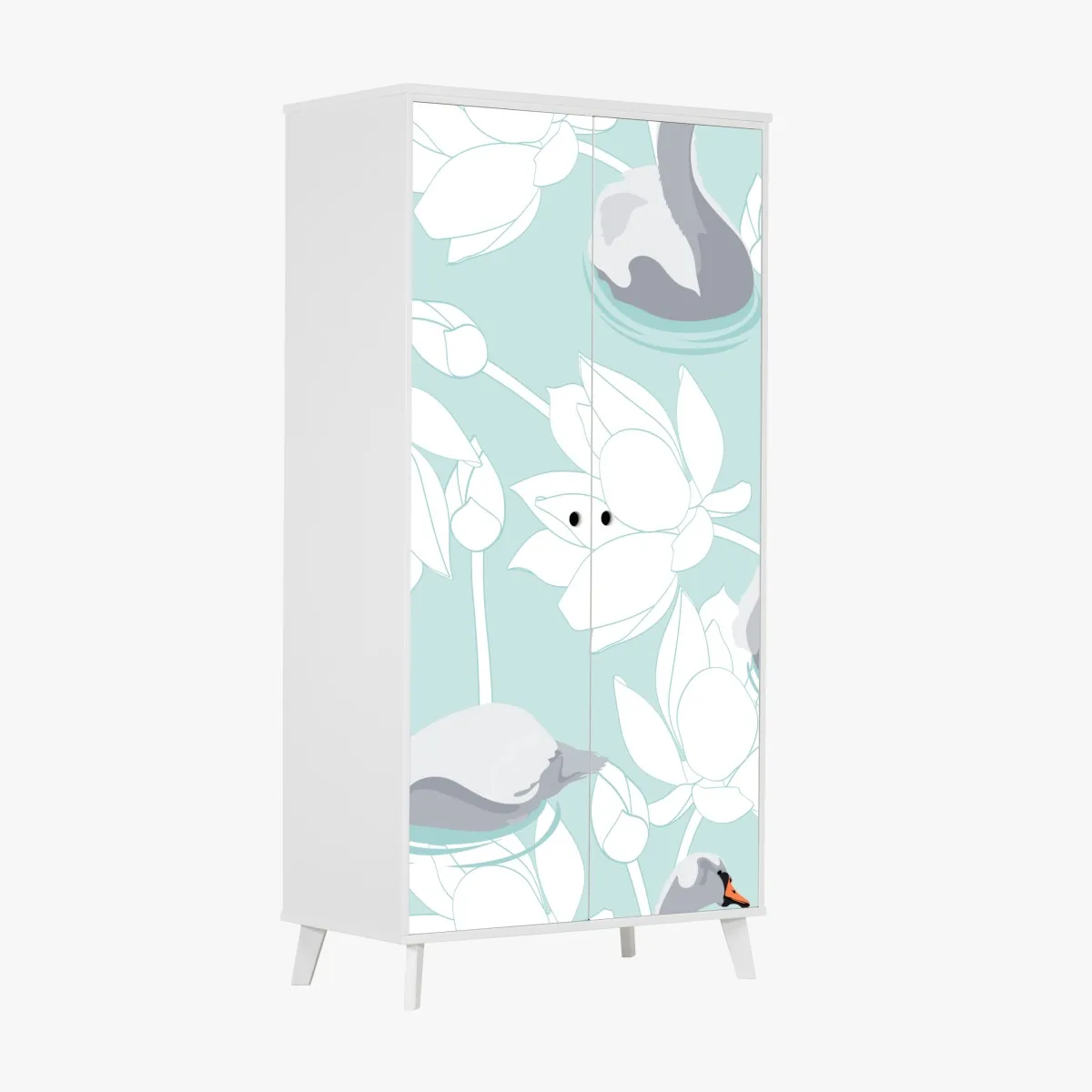 Naklejka na szafę spokojne łabędzie i lotosy – Wallissimo® Naklejka na szafę spokojne łabędzie i lotosy – Wallissimo®