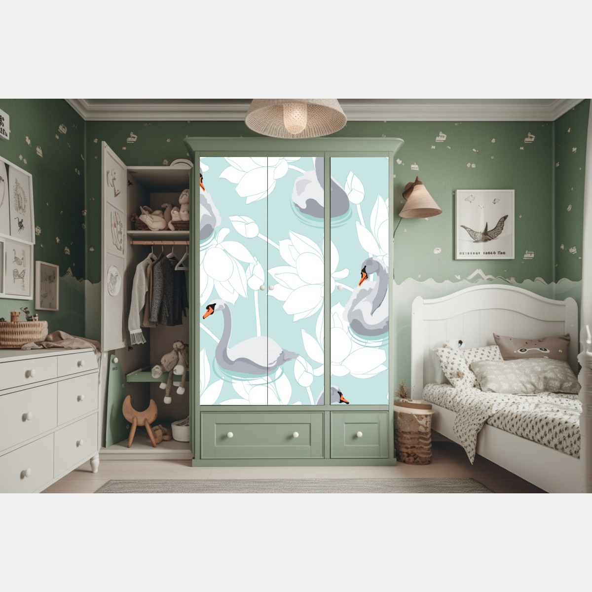 Naklejka na szafę spokojne łabędzie i lotosy – Wallissimo® Naklejka na szafę spokojne łabędzie i lotosy – Wallissimo®