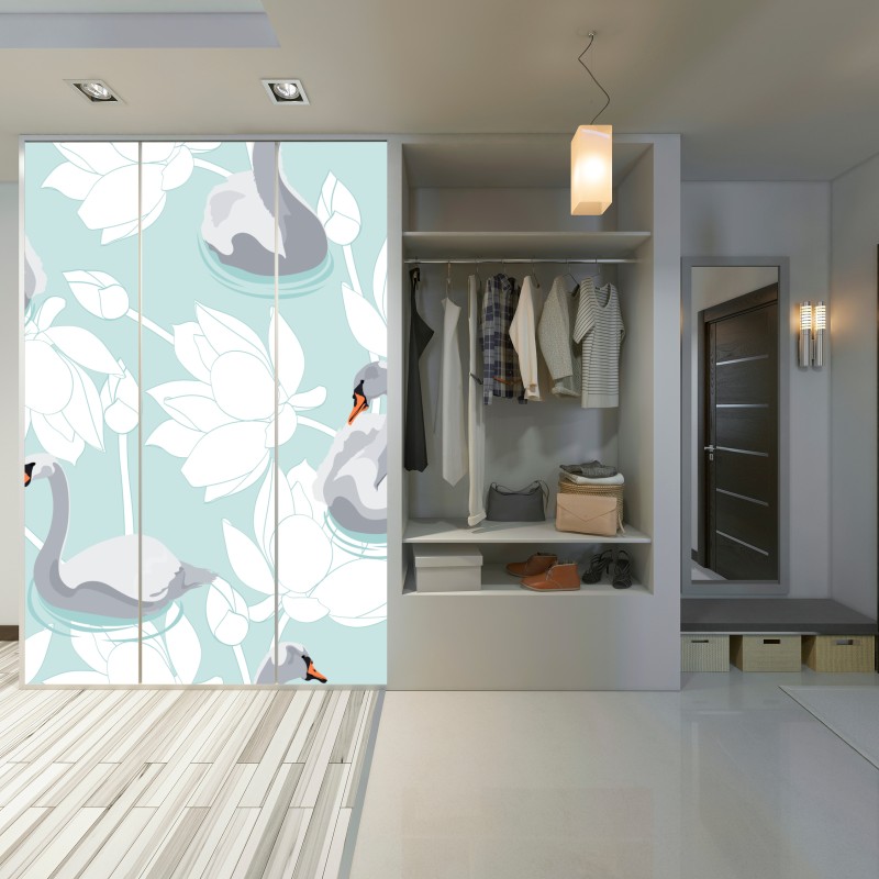 Naklejka na szafę spokojne łabędzie i lotosy – Wallissimo® Naklejka na szafę spokojne łabędzie i lotosy – Wallissimo®