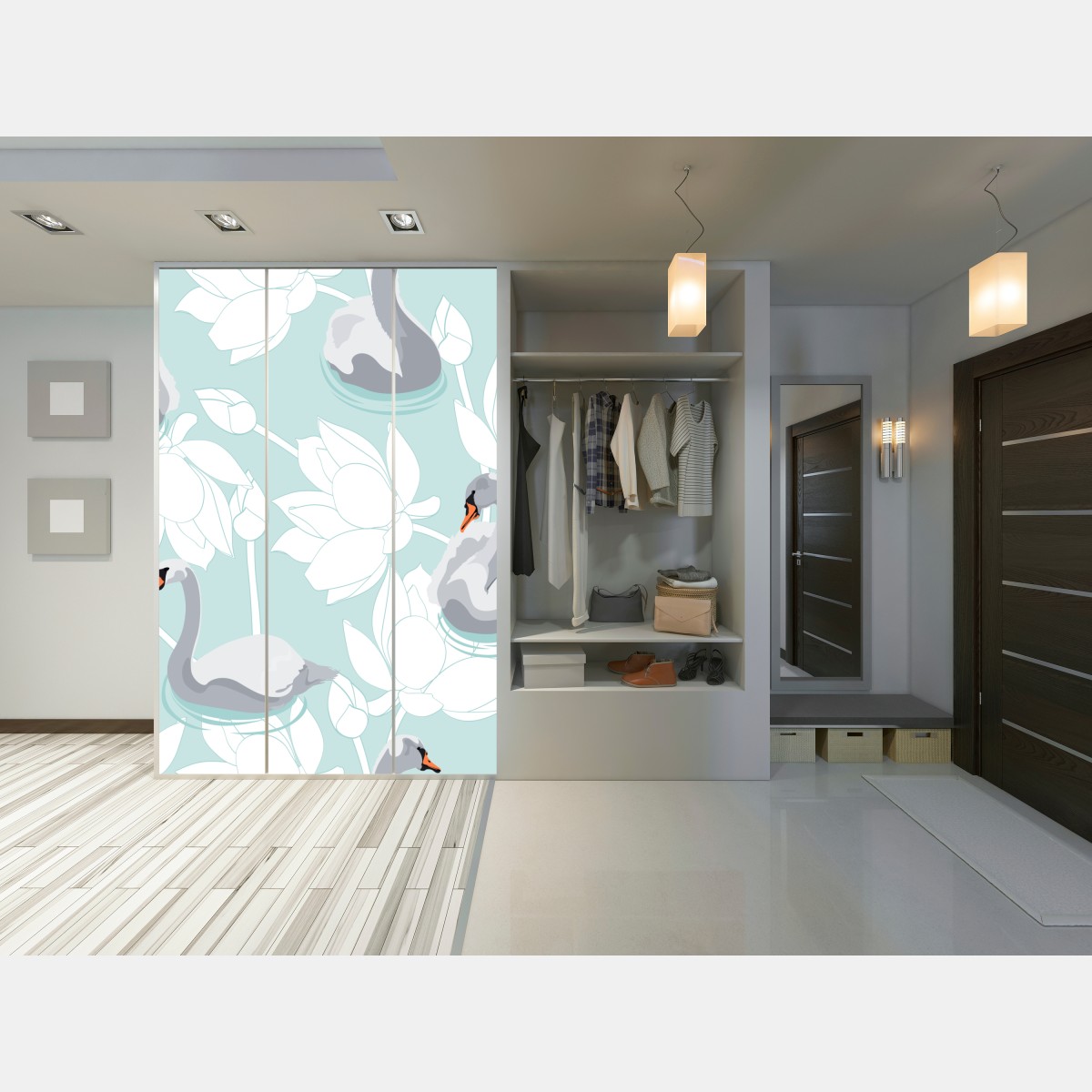 Naklejka na szafę spokojne łabędzie i lotosy – Wallissimo® Naklejka na szafę spokojne łabędzie i lotosy – Wallissimo®