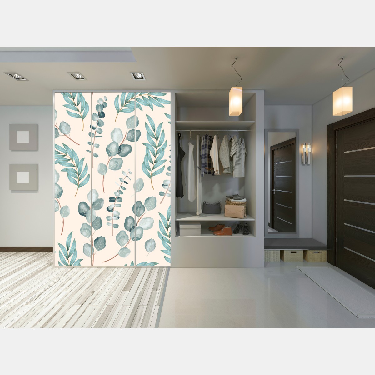 Naklejka na szafę pastelowy wzór liści eukaliptusa – Wallissimo® Naklejka na szafę pastelowy wzór liści eukaliptusa – Wallissimo®