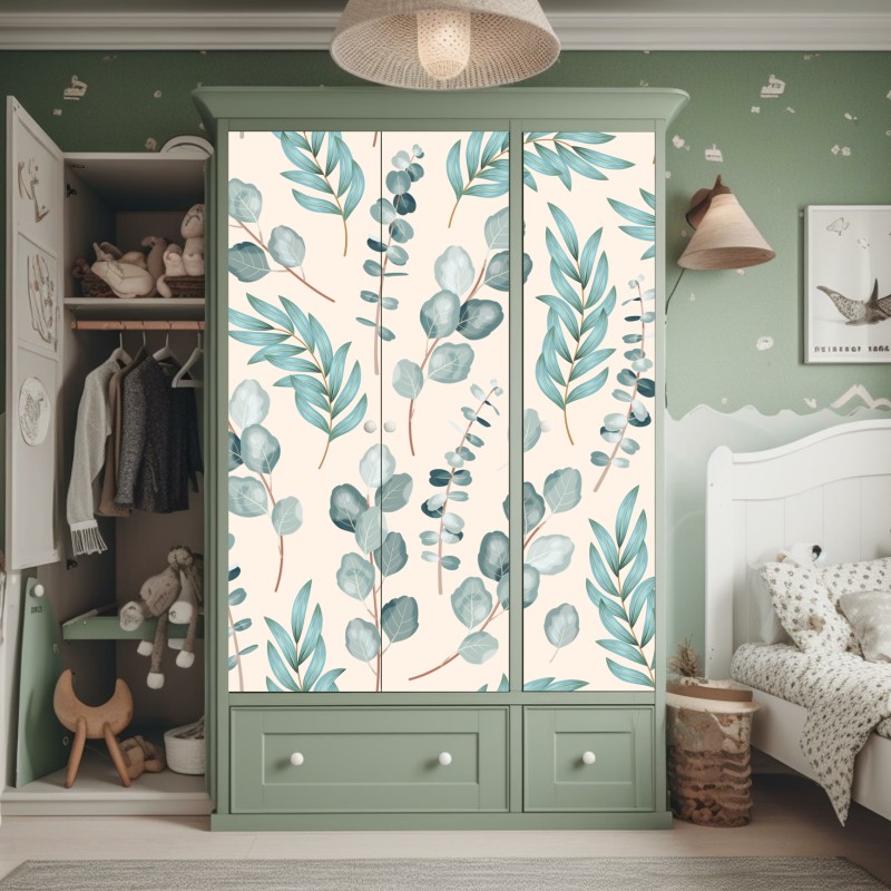 Naklejka na szafę pastelowy wzór liści eukaliptusa – Wallissimo® Naklejka na szafę pastelowy wzór liści eukaliptusa – Wallissimo®