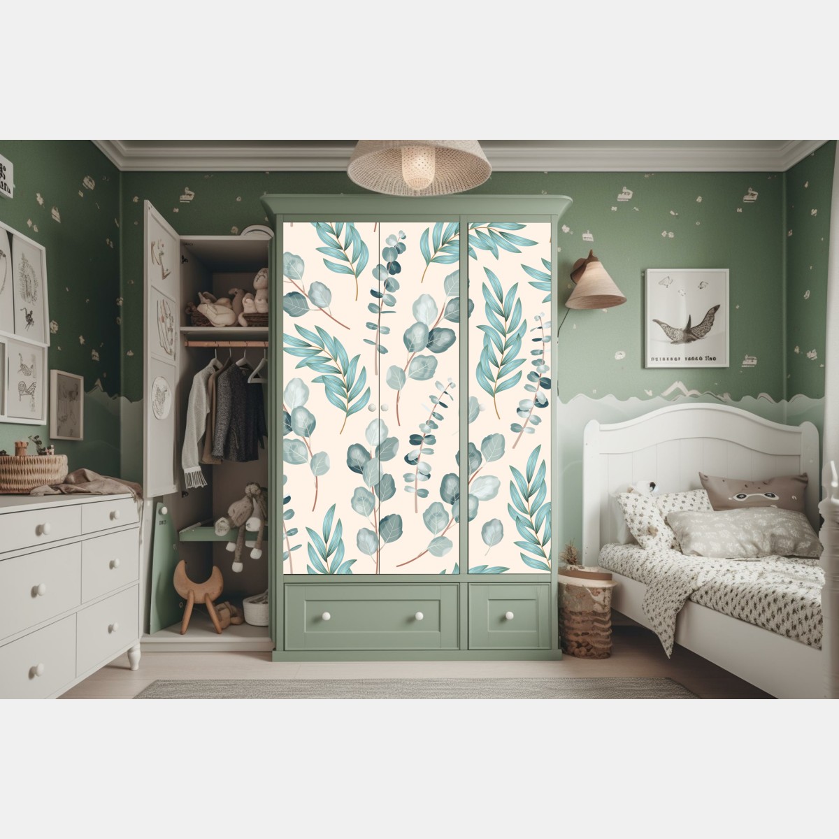 Naklejka na szafę pastelowy wzór liści eukaliptusa – Wallissimo® Naklejka na szafę pastelowy wzór liści eukaliptusa – Wallissimo®