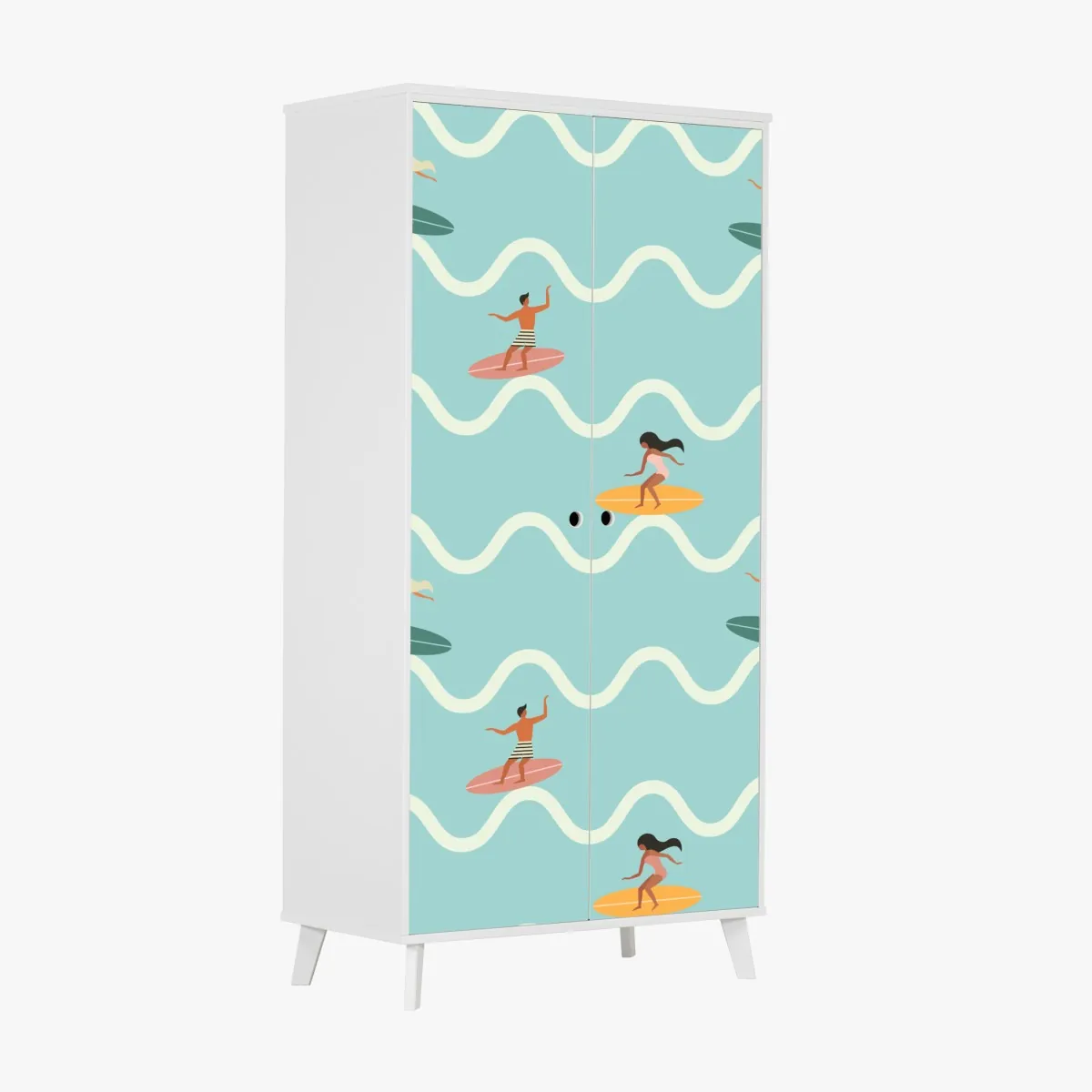 Naklejka na szafę wzór z surferami na turkusowych falach – Wallissimo® Naklejka na szafę wzór z surferami na turkusowych falach – Wallissimo®