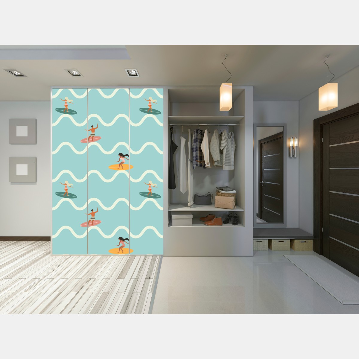 Naklejka na szafę wzór z surferami na turkusowych falach – Wallissimo® Naklejka na szafę wzór z surferami na turkusowych falach – Wallissimo®
