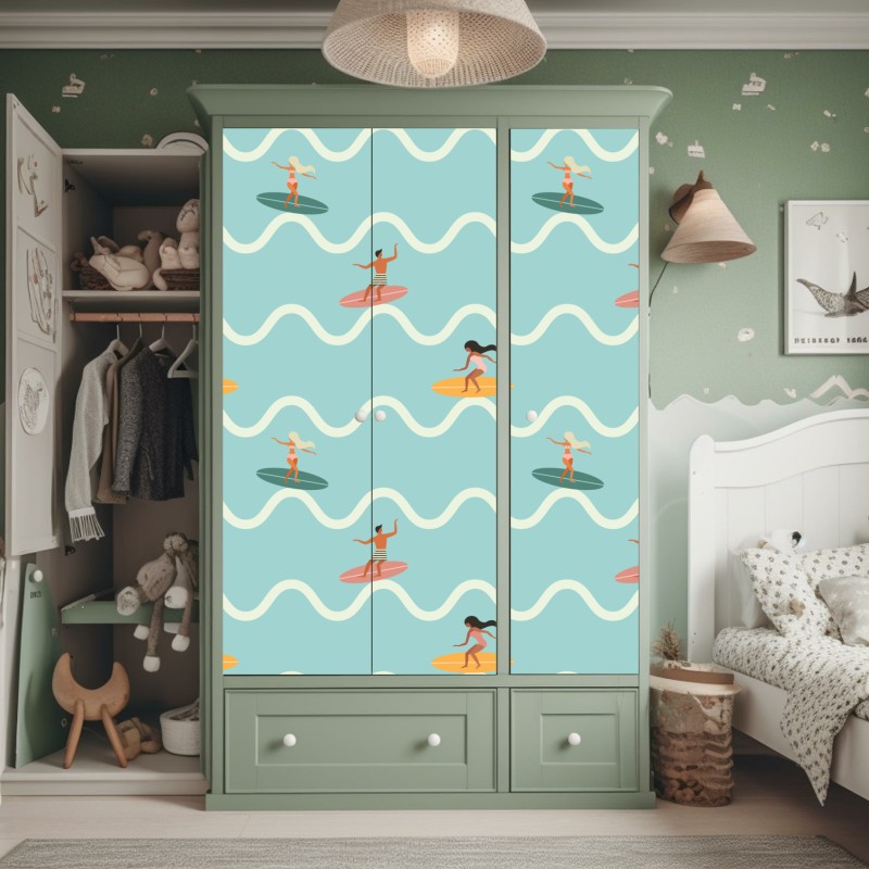 Naklejka na szafę wzór z surferami na turkusowych falach – Wallissimo® Naklejka na szafę wzór z surferami na turkusowych falach – Wallissimo®