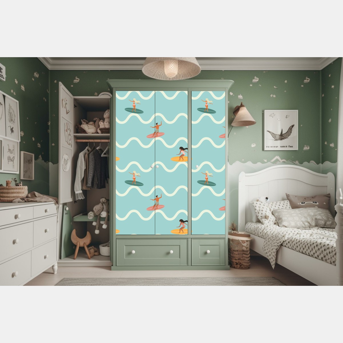 Naklejka na szafę wzór z surferami na turkusowych falach – Wallissimo® Naklejka na szafę wzór z surferami na turkusowych falach – Wallissimo®