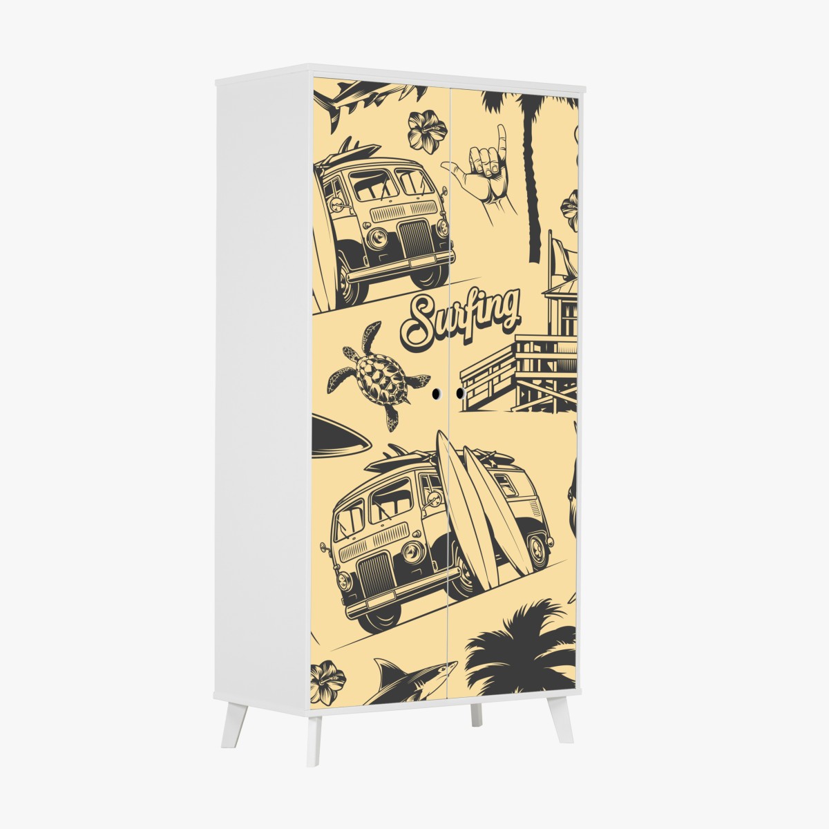Wardrobe sticker retro surf pattern with van and waves