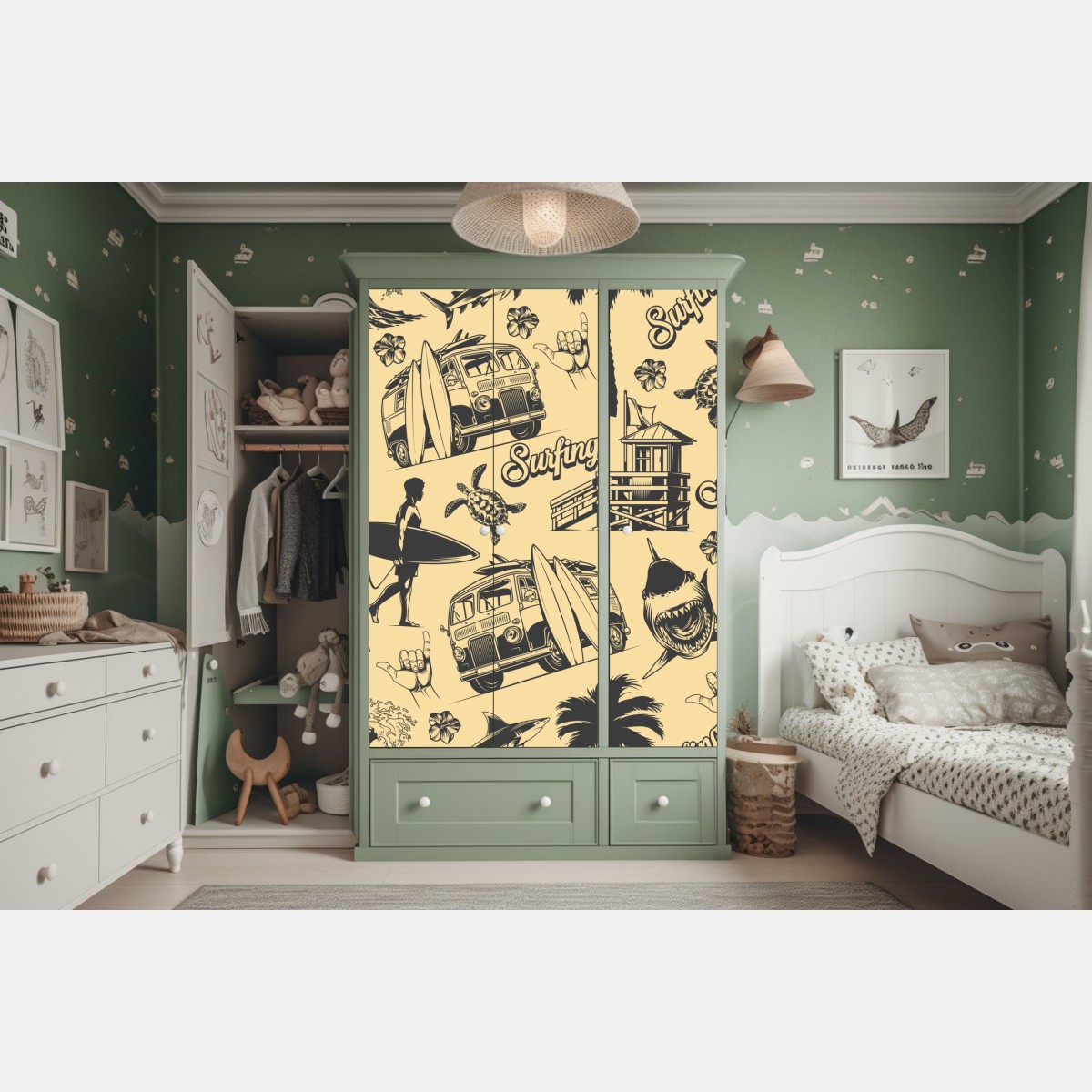 Naklejka na szafę retro wzór surfingowy z furgonetką i falami – Wallissimo® Naklejka na szafę retro wzór surfingowy z furgonetką i falami – Wallissimo®