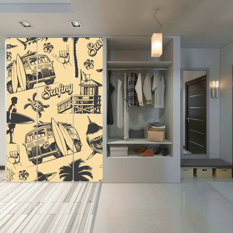 Naklejka na szafę retro wzór surfingowy z furgonetką i falami – Wallissimo® Naklejka na szafę retro wzór surfingowy z furgonetką i falami – Wallissimo®