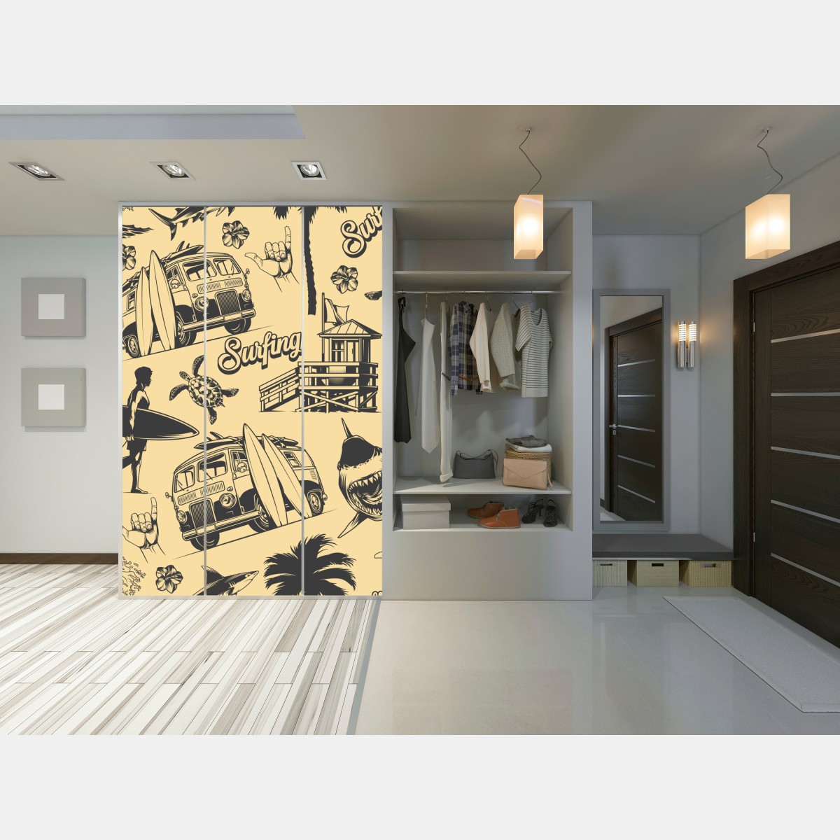 Naklejka na szafę retro wzór surfingowy z furgonetką i falami – Wallissimo® Naklejka na szafę retro wzór surfingowy z furgonetką i falami – Wallissimo®