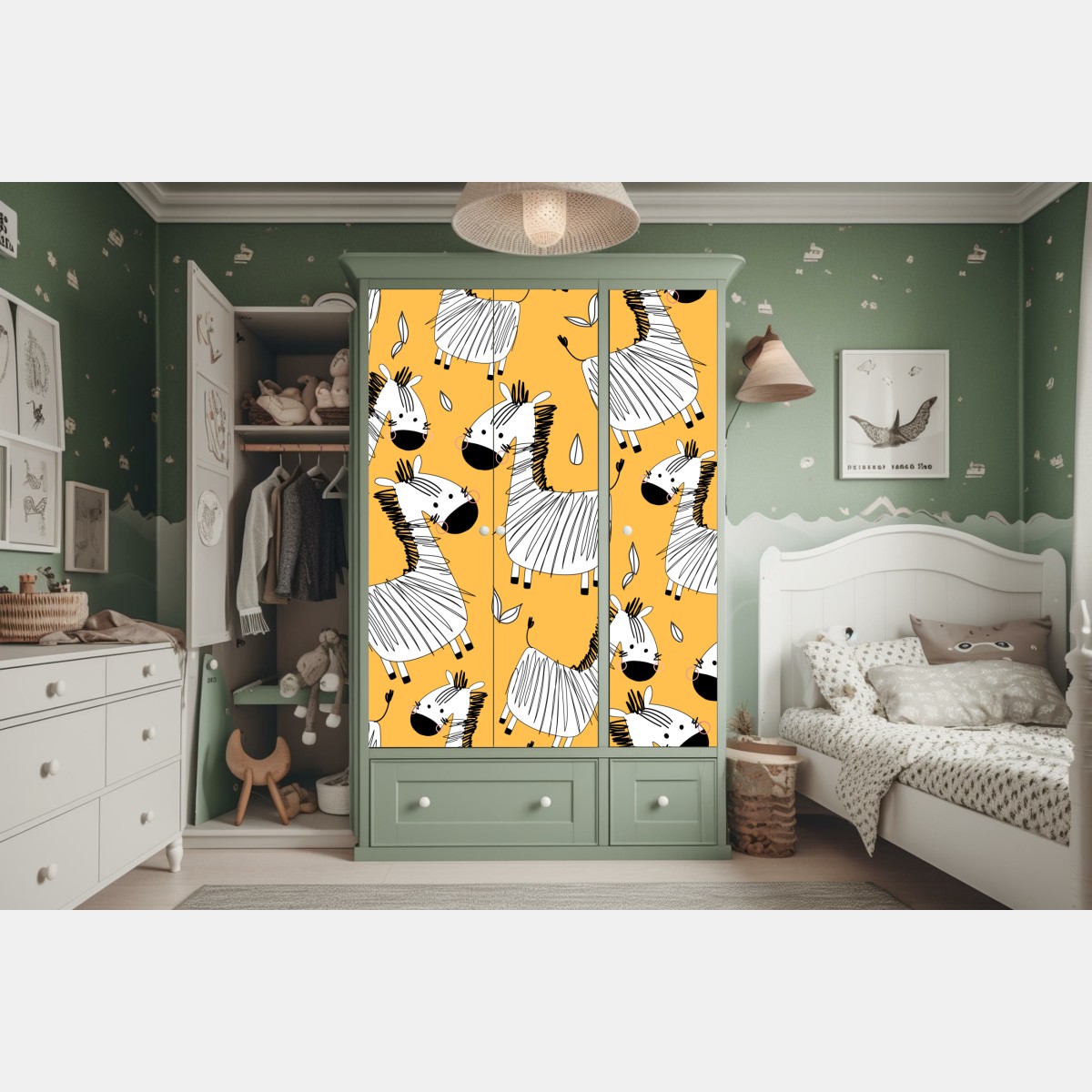 Naklejka na szafę zabawny wzór z zebrą do pokoju dziecięcego – Wallissimo® Naklejka na szafę zabawny wzór z zebrą do pokoju dziecięcego – Wallissimo®
