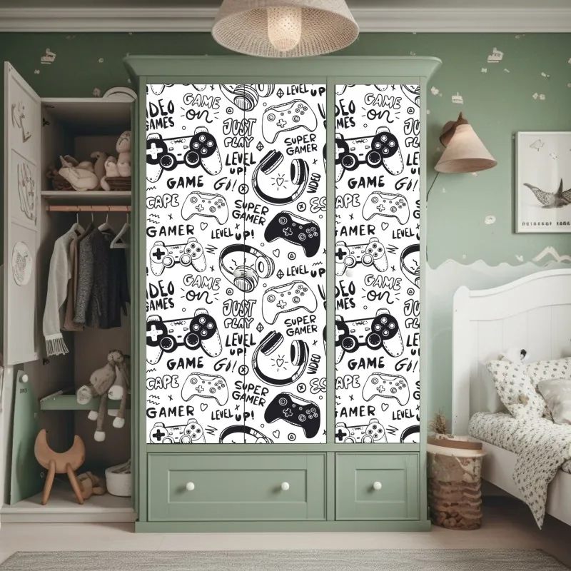 Naklejka na szafę wzór gier wideo z kontrolerami – Wallissimo® Naklejka na szafę wzór gier wideo z kontrolerami – Wallissimo®