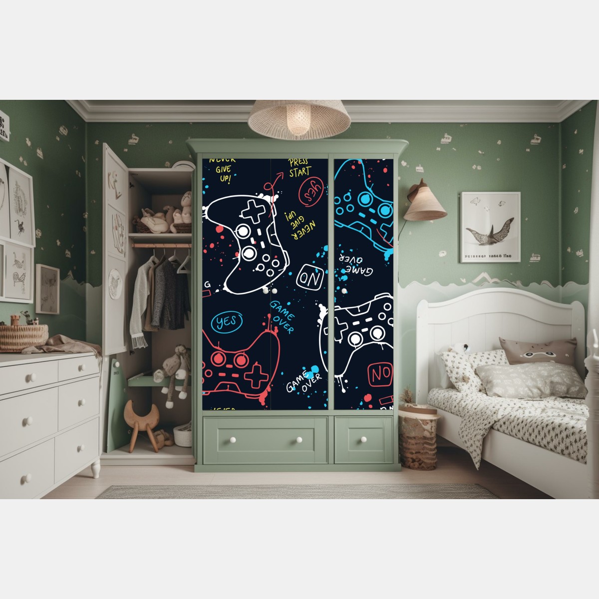 Naklejka na szafę kolorowy wzór kontrolerów do gier – Wallissimo® Naklejka na szafę kolorowy wzór kontrolerów do gier – Wallissimo®