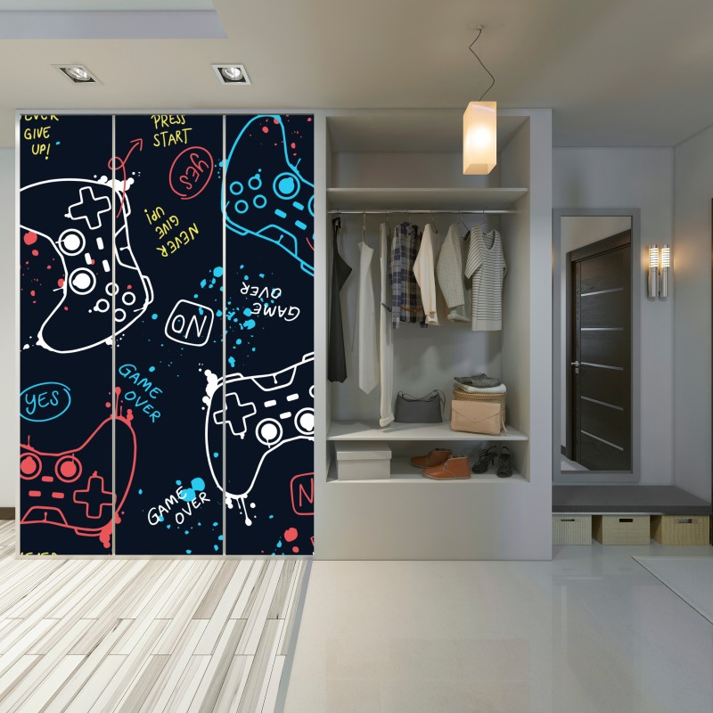 Naklejka na szafę kolorowy wzór kontrolerów do gier – Wallissimo® Naklejka na szafę kolorowy wzór kontrolerów do gier – Wallissimo®