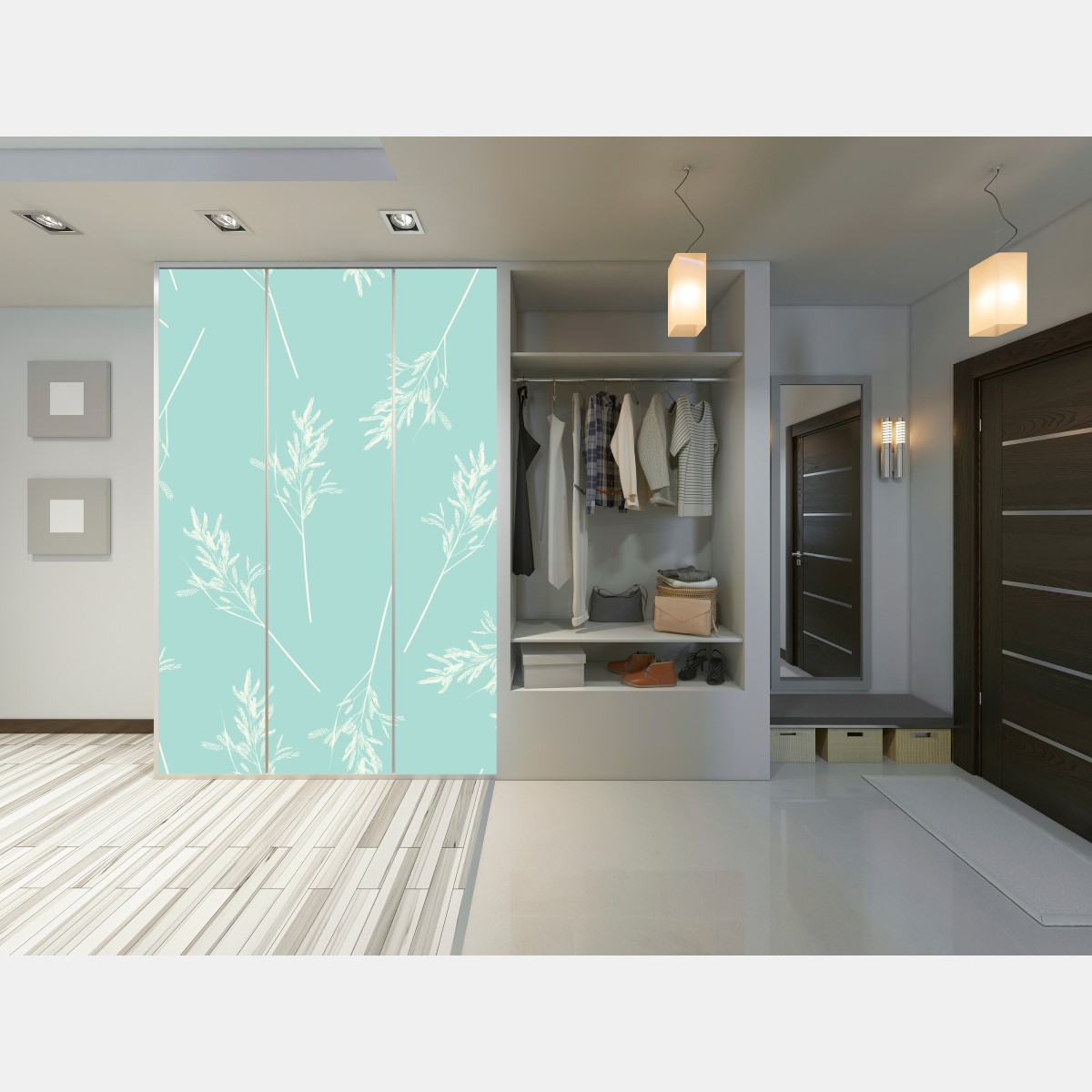 Naklejka na szafę delikatny turkusowy wzór botaniczny – Wallissimo® Naklejka na szafę delikatny turkusowy wzór botaniczny – Wallissimo®