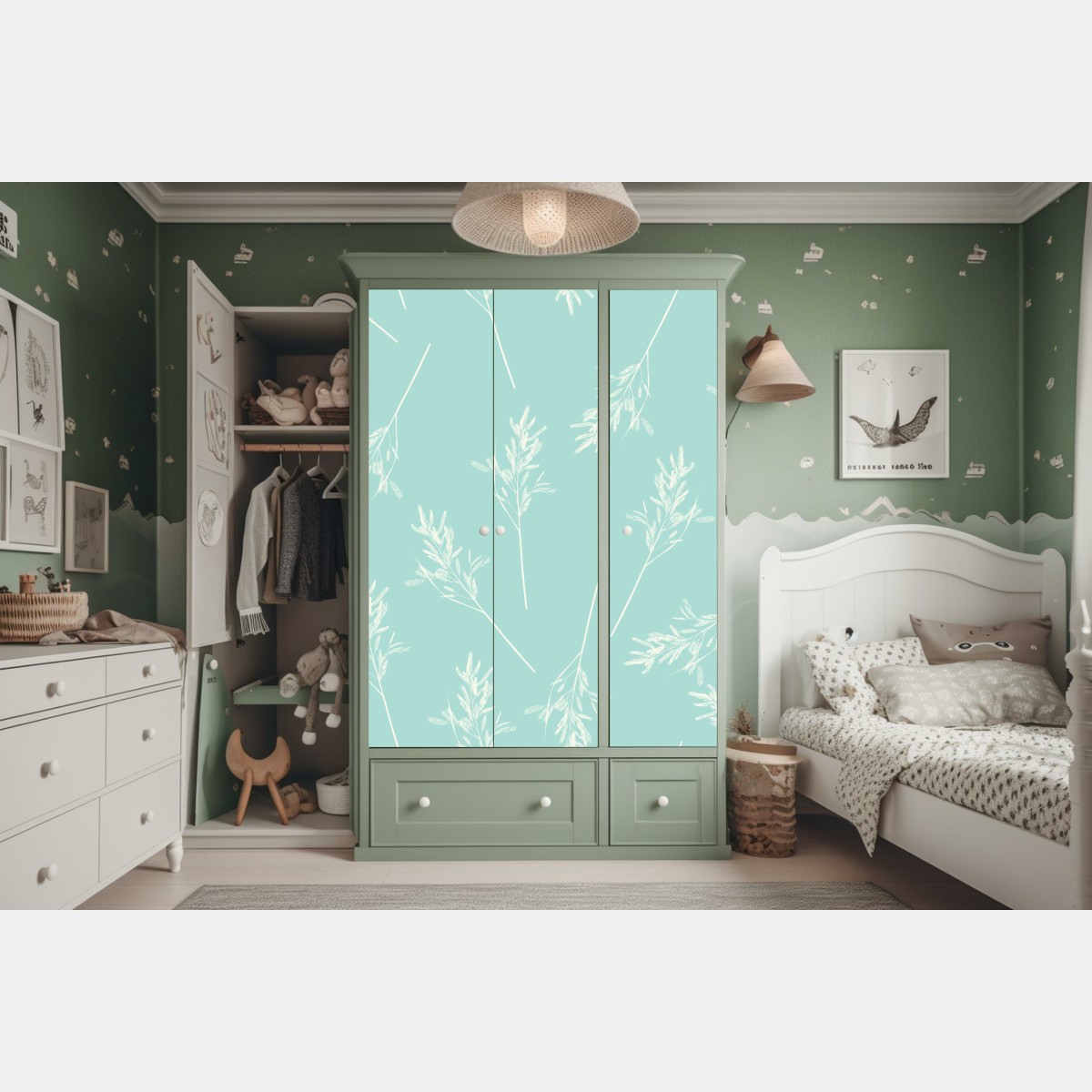 Naklejka na szafę delikatny turkusowy wzór botaniczny – Wallissimo® Naklejka na szafę delikatny turkusowy wzór botaniczny – Wallissimo®