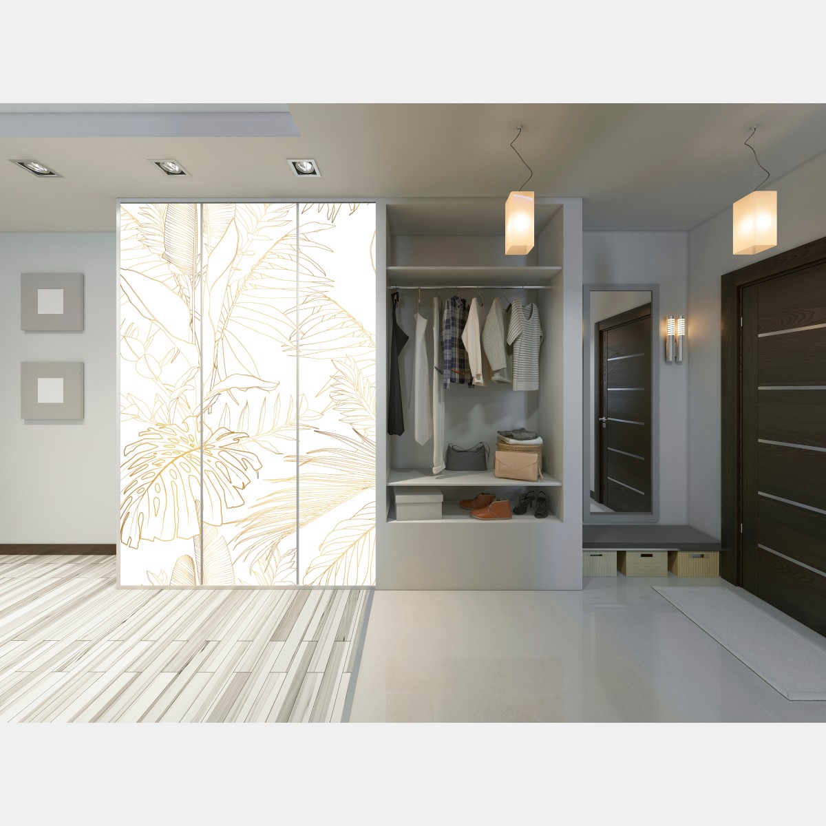 Naklejka na szafę złote tropikalne liście line art – Wallissimo® Naklejka na szafę złote tropikalne liście line art – Wallissimo®