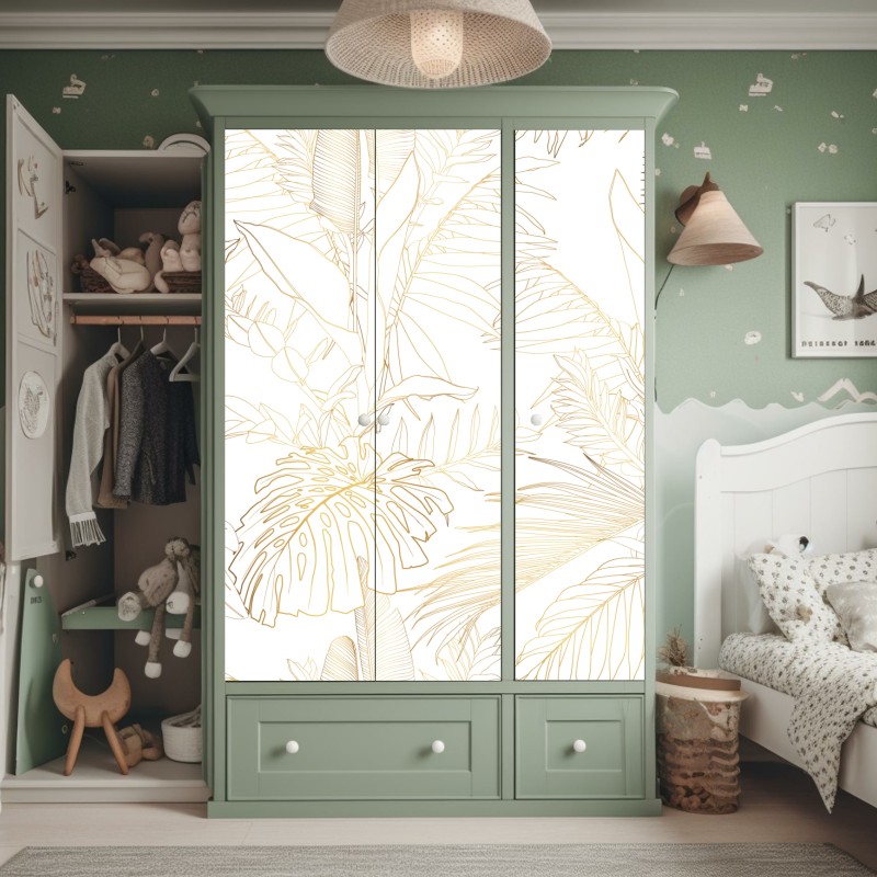 Naklejka na szafę złote tropikalne liście line art – Wallissimo® Naklejka na szafę złote tropikalne liście line art – Wallissimo®