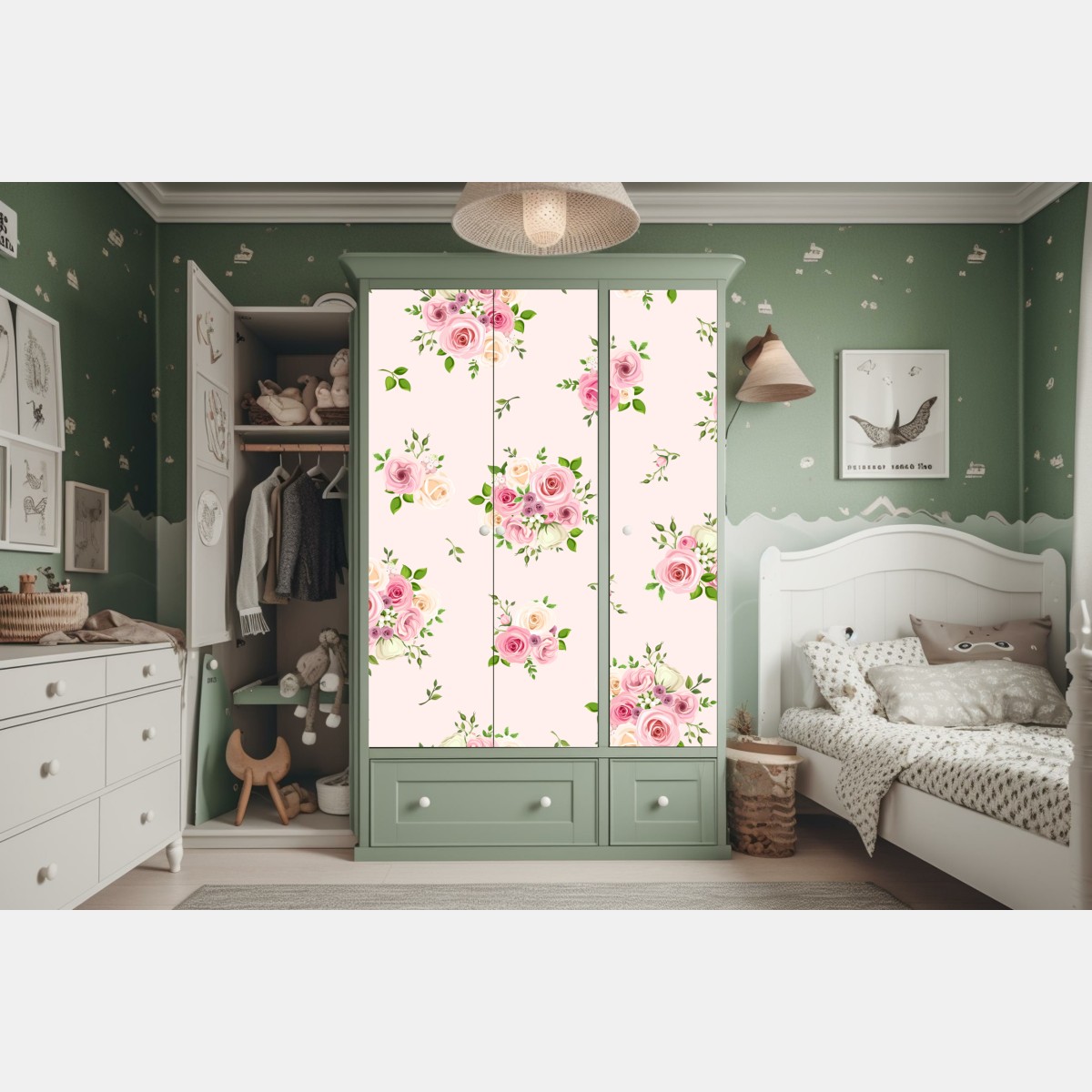 Naklejka na szafę delikatny różany wzór w pastelowych odcieniach – Wallissimo® Naklejka na szafę delikatny różany wzór w pastelowych odcieniach – Wallissimo®