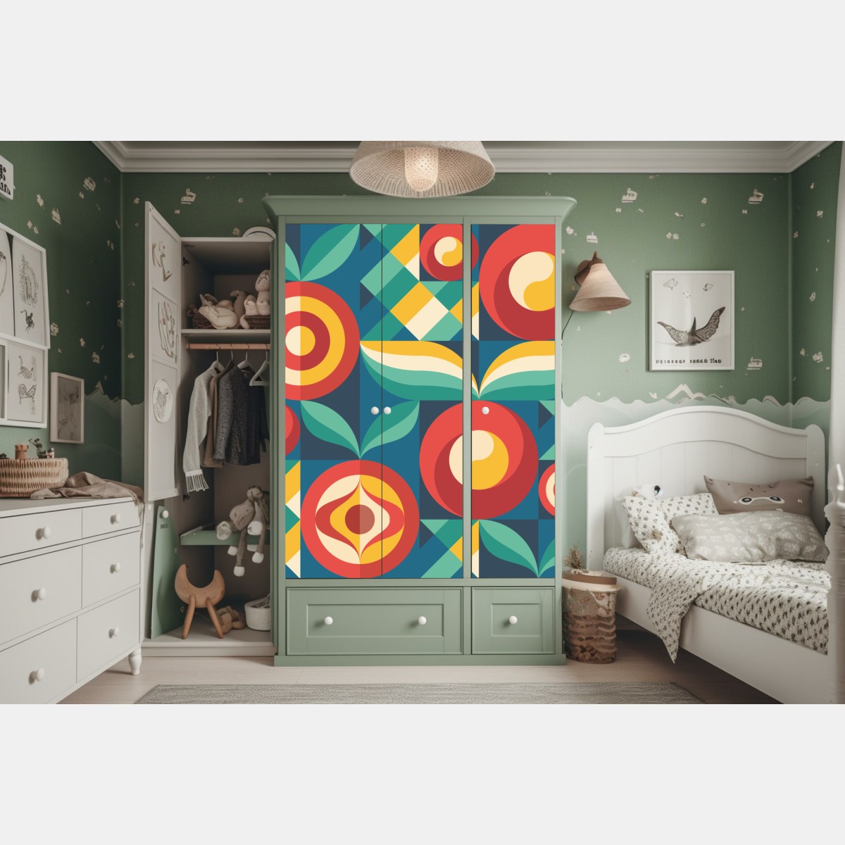 Naklejka na szafę żywy geometryczny motyw kwiatowy – Wallissimo® Naklejka na szafę żywy geometryczny motyw kwiatowy – Wallissimo®