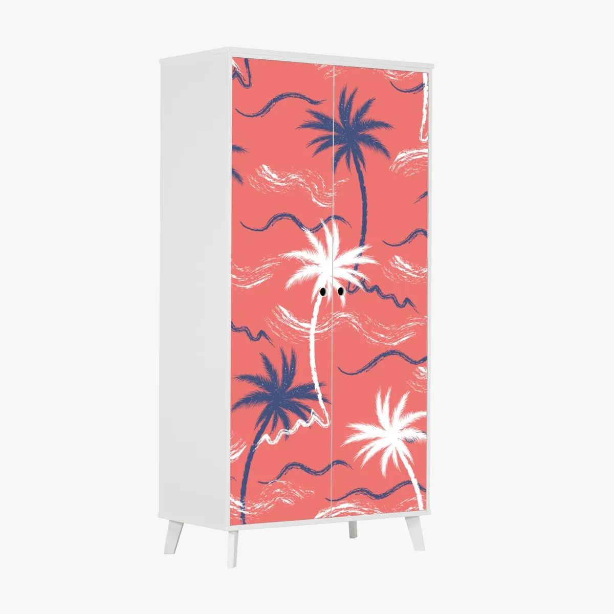 Naklejka na szafę tropikalny wzór palm w kolorze koralowym i granatowym – Wallissimo® Naklejka na szafę tropikalny wzór palm w kolorze koralowym i granatowym – Wallissimo®