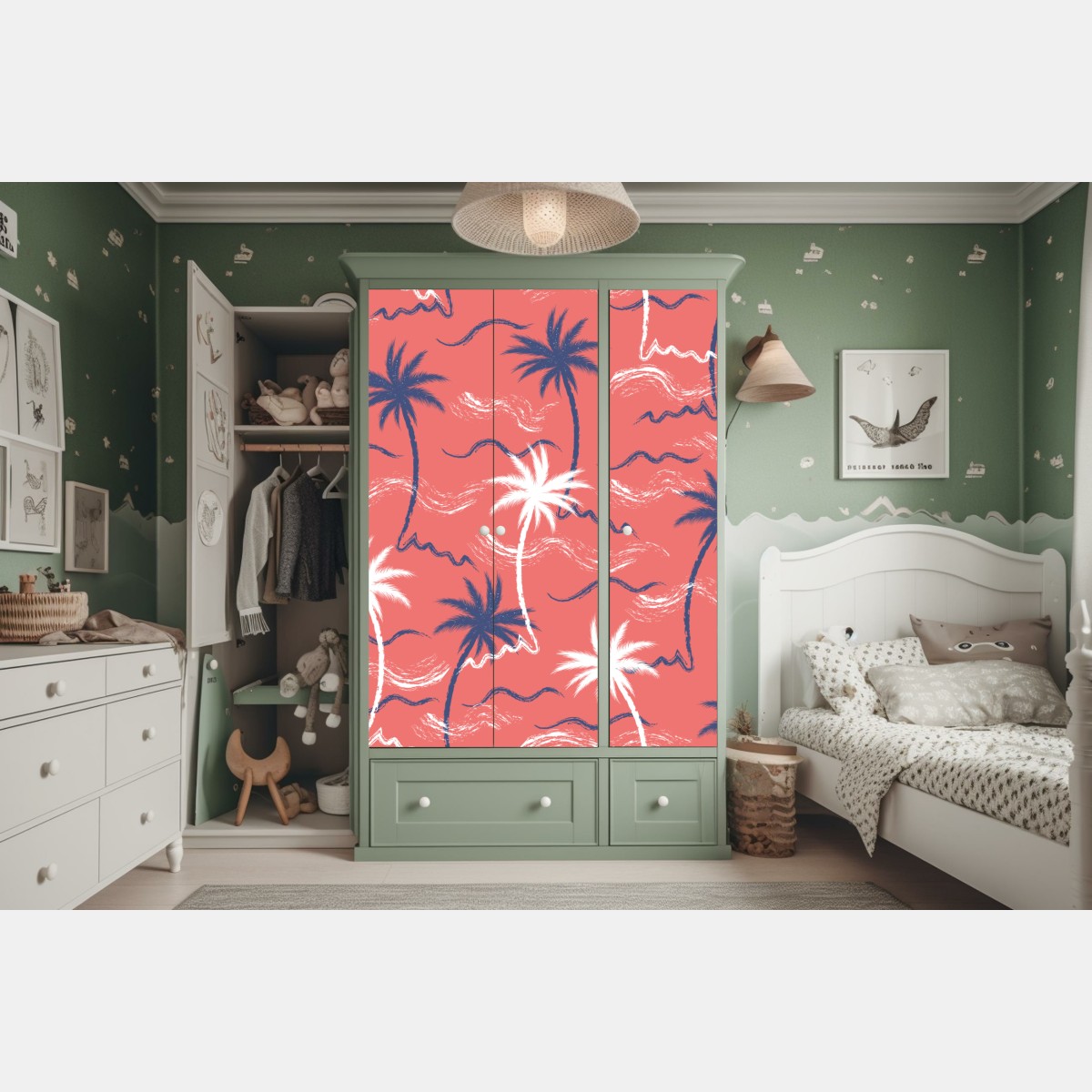 Naklejka na szafę tropikalny wzór palm w kolorze koralowym i granatowym – Wallissimo® Naklejka na szafę tropikalny wzór palm w kolorze koralowym i granatowym – Wallissimo®