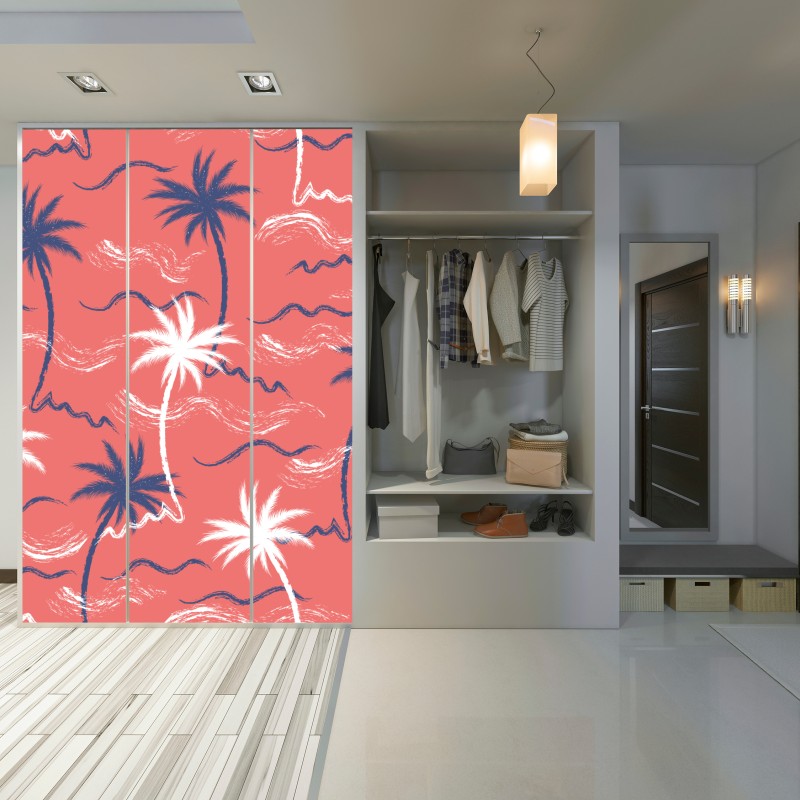 Naklejka na szafę tropikalny wzór palm w kolorze koralowym i granatowym – Wallissimo® Naklejka na szafę tropikalny wzór palm w kolorze koralowym i granatowym – Wallissimo®