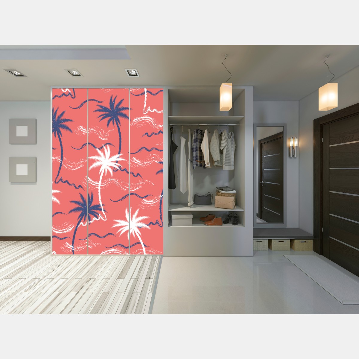 Naklejka na szafę tropikalny wzór palm w kolorze koralowym i granatowym – Wallissimo® Naklejka na szafę tropikalny wzór palm w kolorze koralowym i granatowym – Wallissimo®