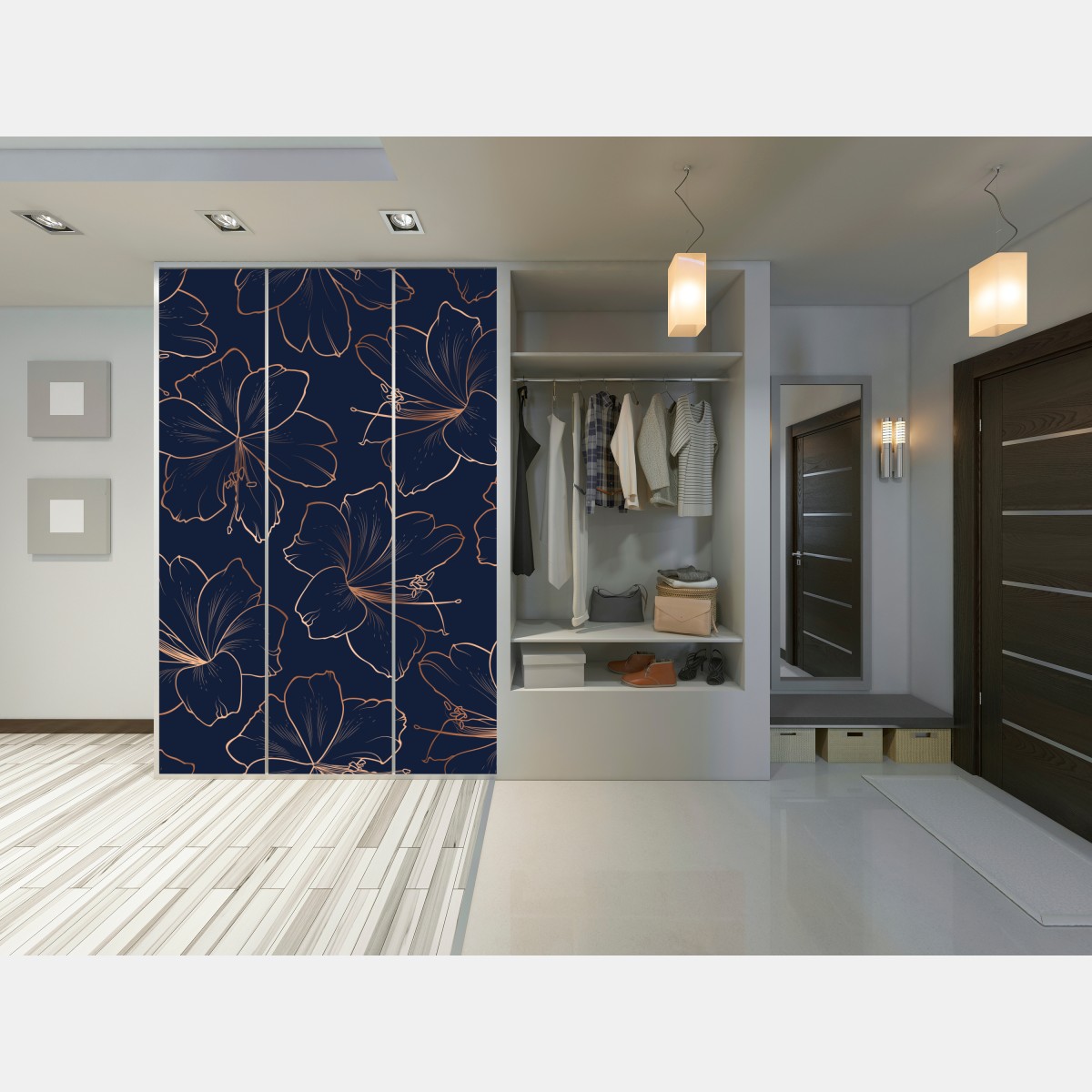 Naklejka na szafę granatowy motyw z złotymi konturami kwiatów – Wallissimo® Naklejka na szafę granatowy motyw z złotymi konturami kwiatów – Wallissimo®