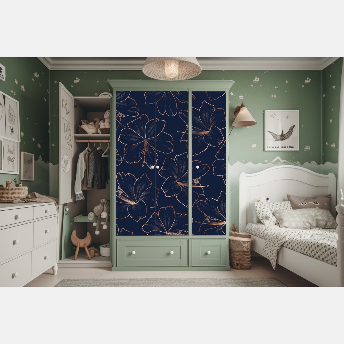 Naklejka na szafę granatowy motyw z złotymi konturami kwiatów – Wallissimo® Naklejka na szafę granatowy motyw z złotymi konturami kwiatów – Wallissimo®